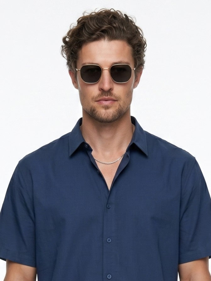 Blue Solid Band Collar Casual Cotton Shirt For Men