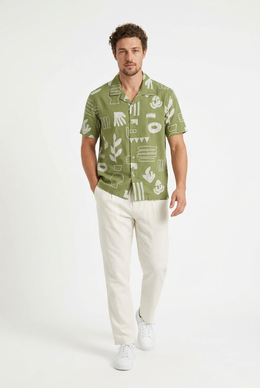 Green Abstract Print Spread Collar Cotton Casual Shirt For Men