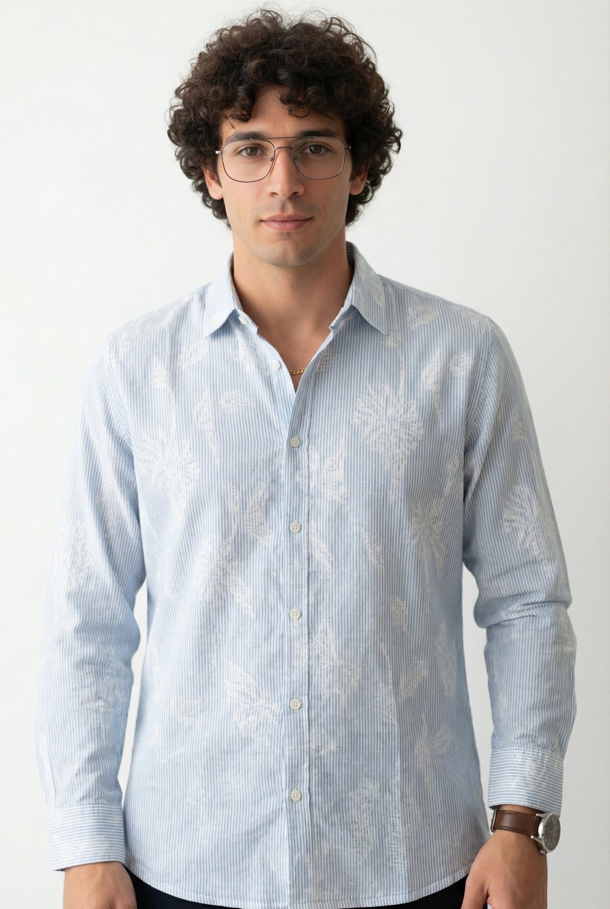 Blue Stripes Floral Print Handloom Cotton Spread Collar Shirt For Men