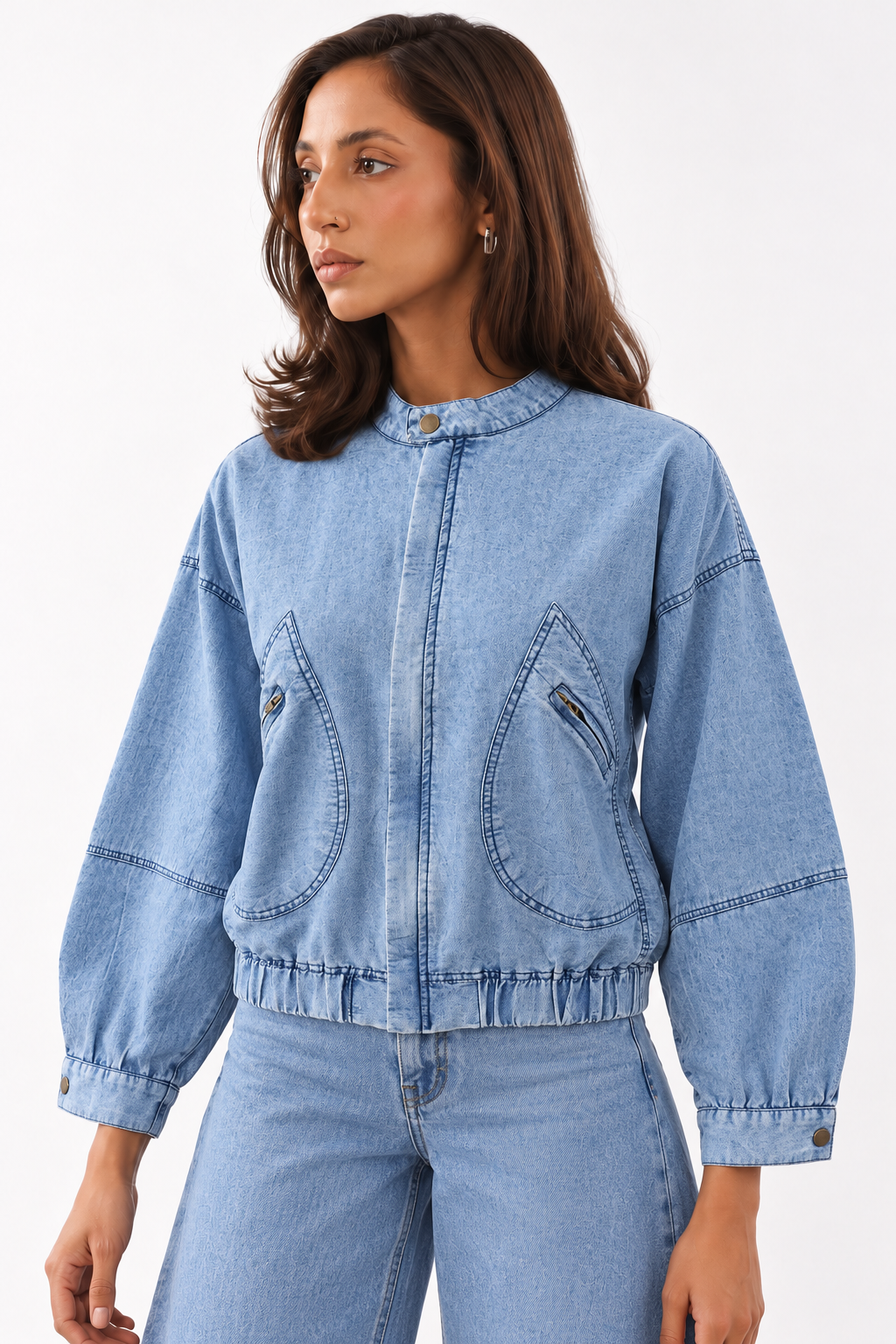 Blue Round Neck Bomber Style Cotton Denim Jacket For Women