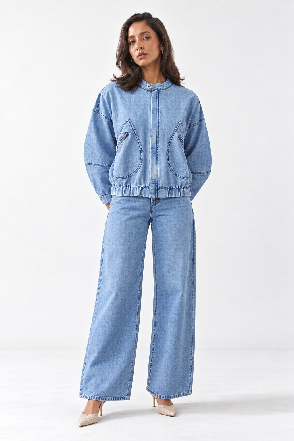Blue Round Neck Bomber Style Cotton Denim Jacket For Women