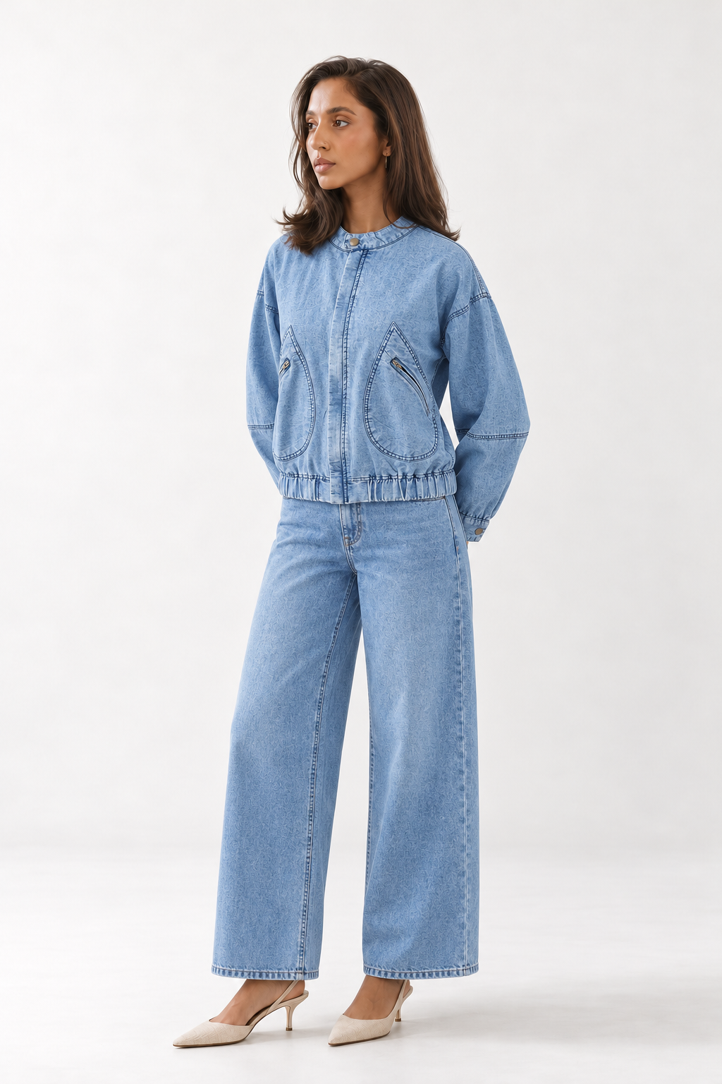Blue Round Neck Bomber Style Cotton Denim Jacket For Women