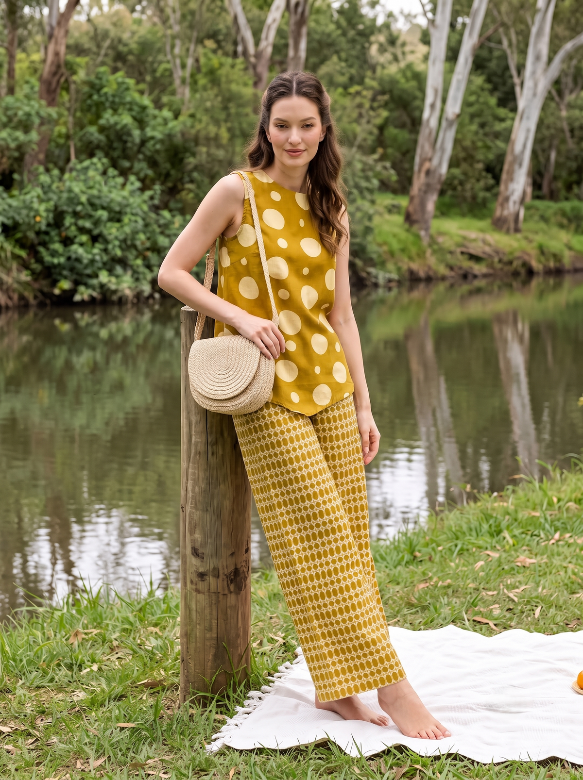 Mustard Polka Dots Round Neck Pure Cotton Night Suit For women