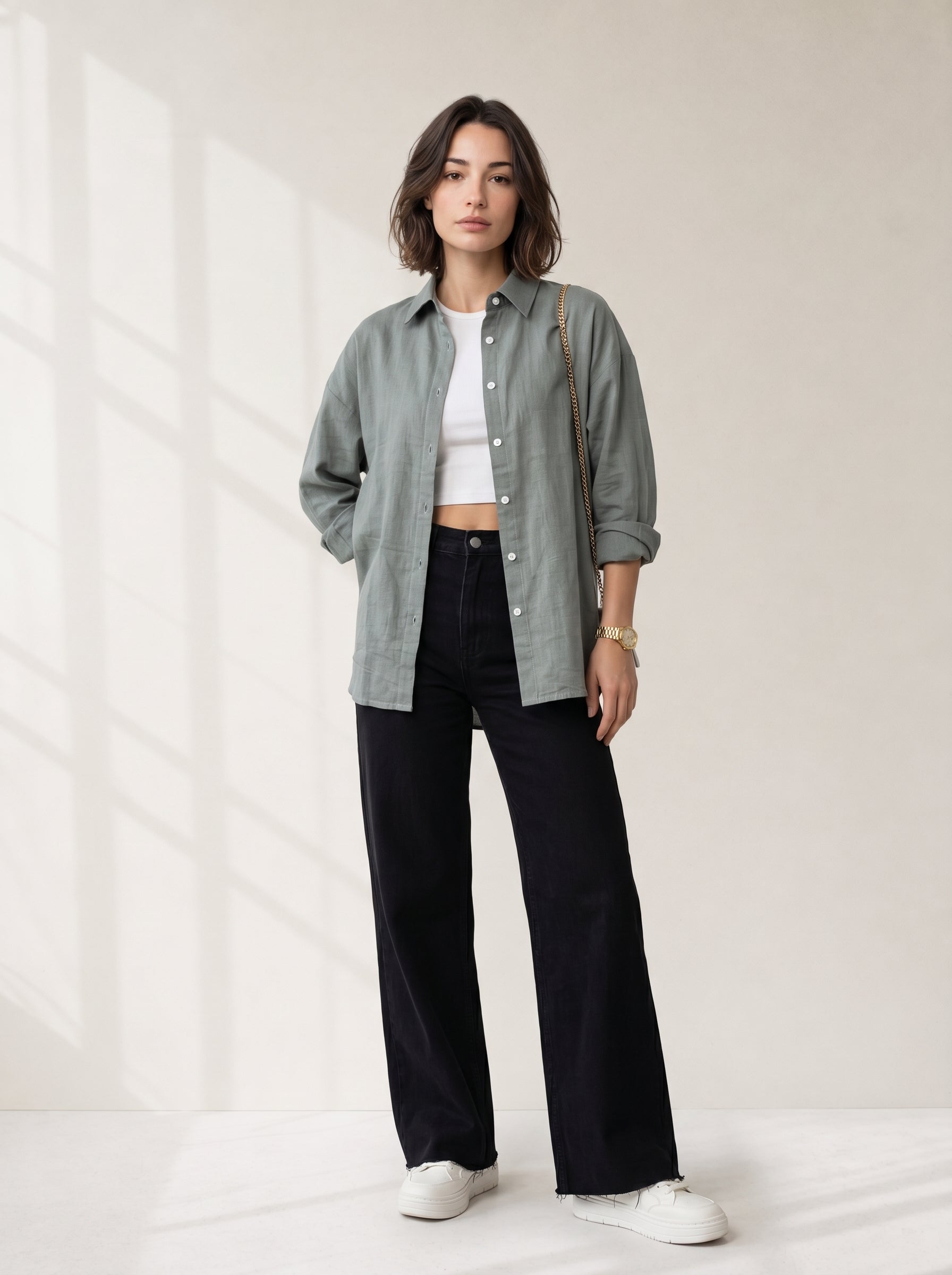 Green Solid Spread Collar Cotton Shirt For Women