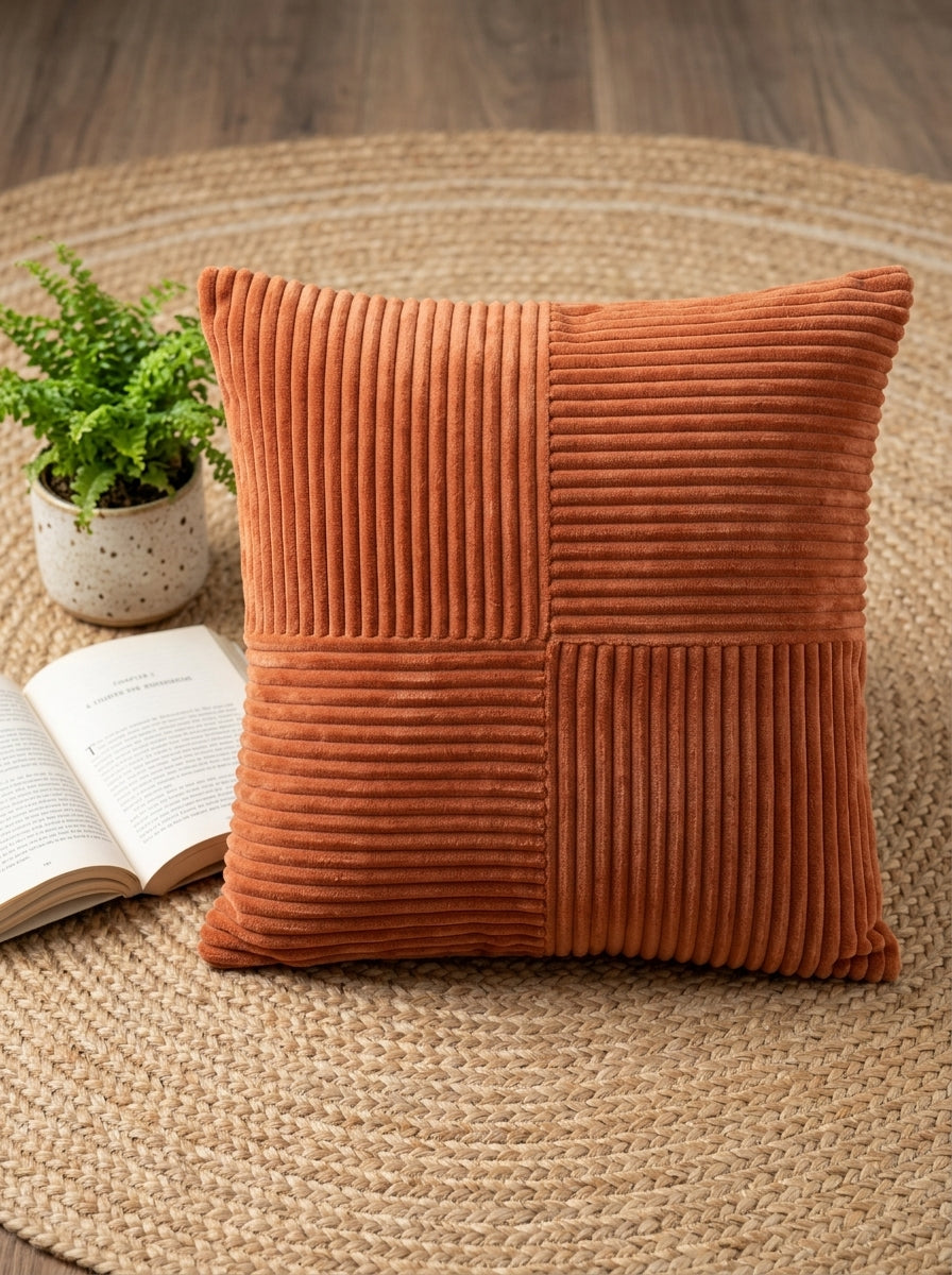 Rust Velvet Textured Striped Decorative Cushion Cover