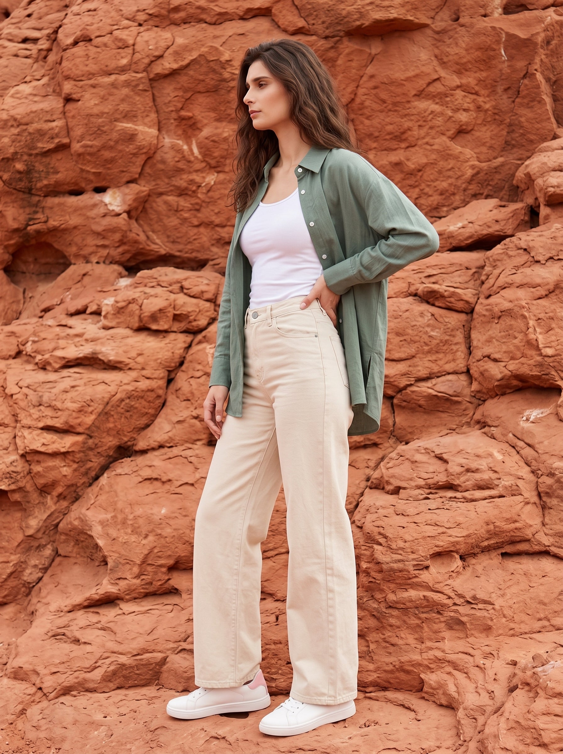 Green Solid Spread Collar Cotton Shirt For Women