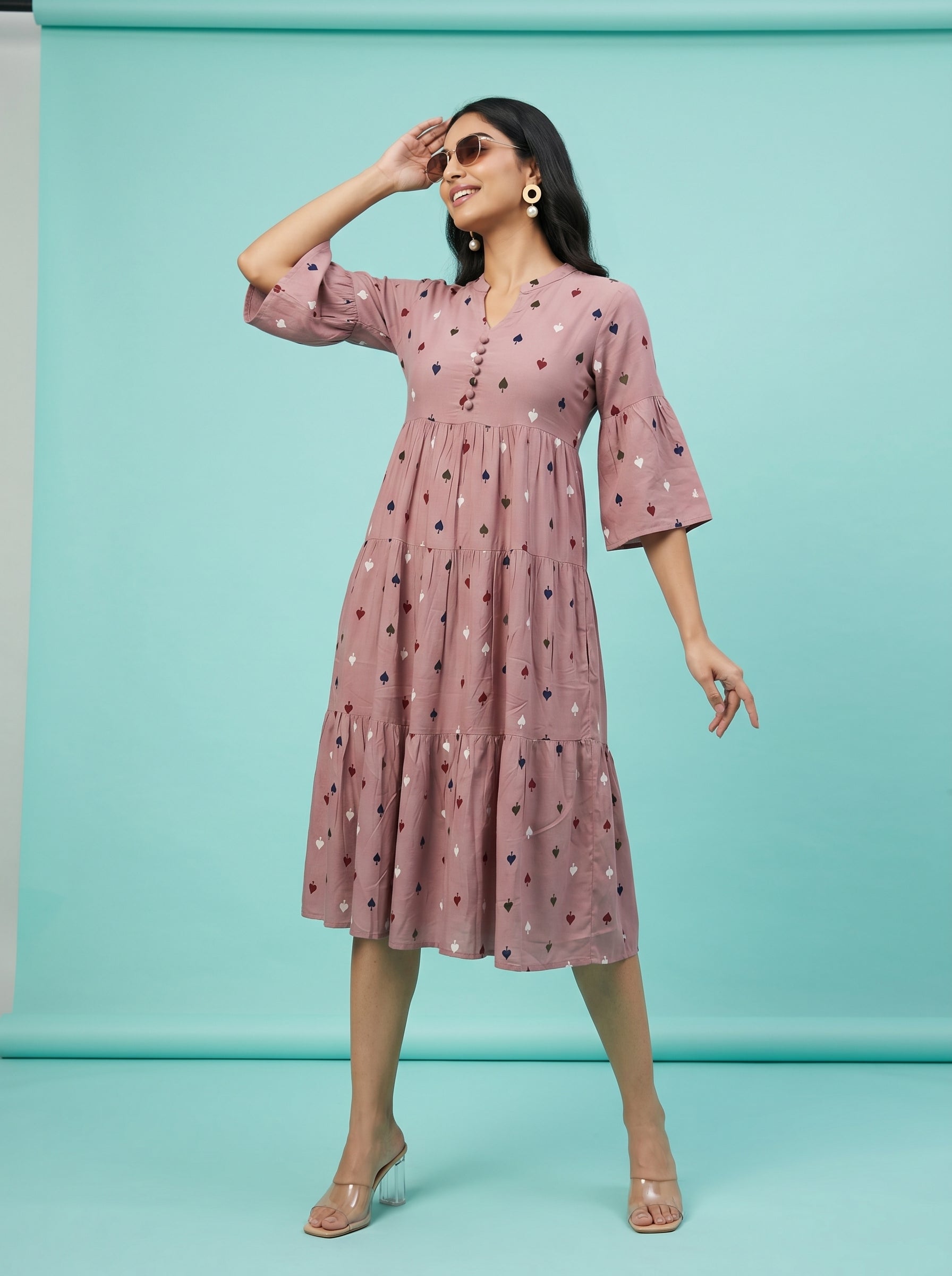 Mauve Round Neck Geometric Print Flared Dress For Women