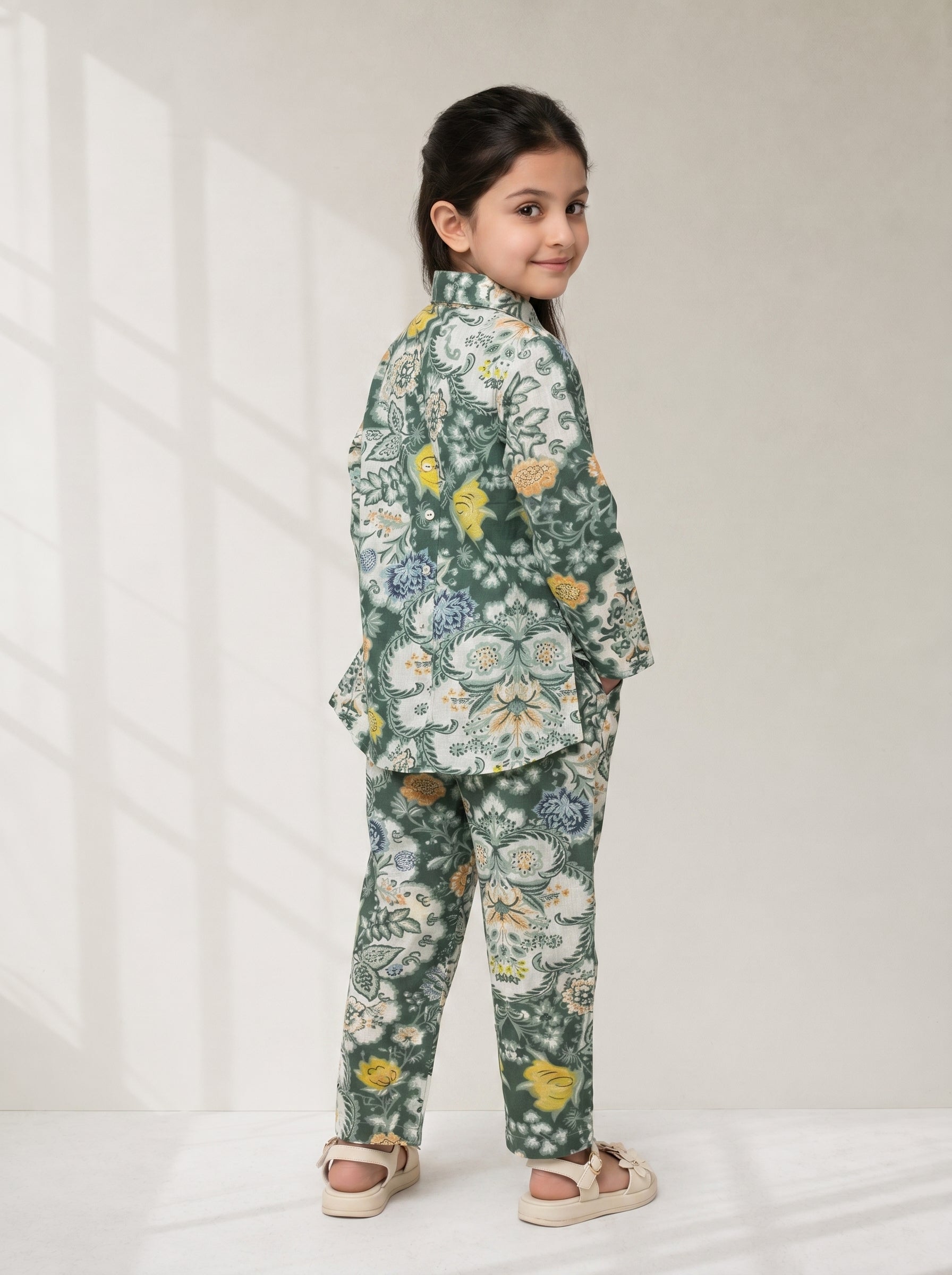 Green Floral Print V-Neck Pure Cotton Night Suit For Kids