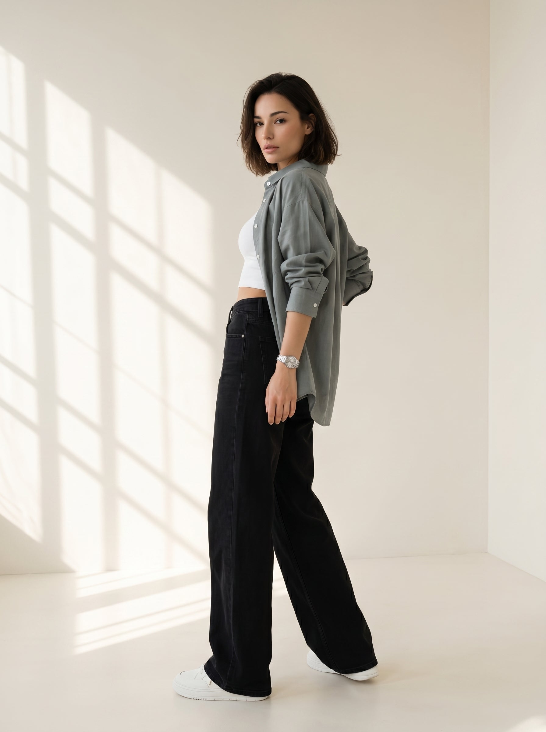Green Solid Spread Collar Cotton Shirt For Women