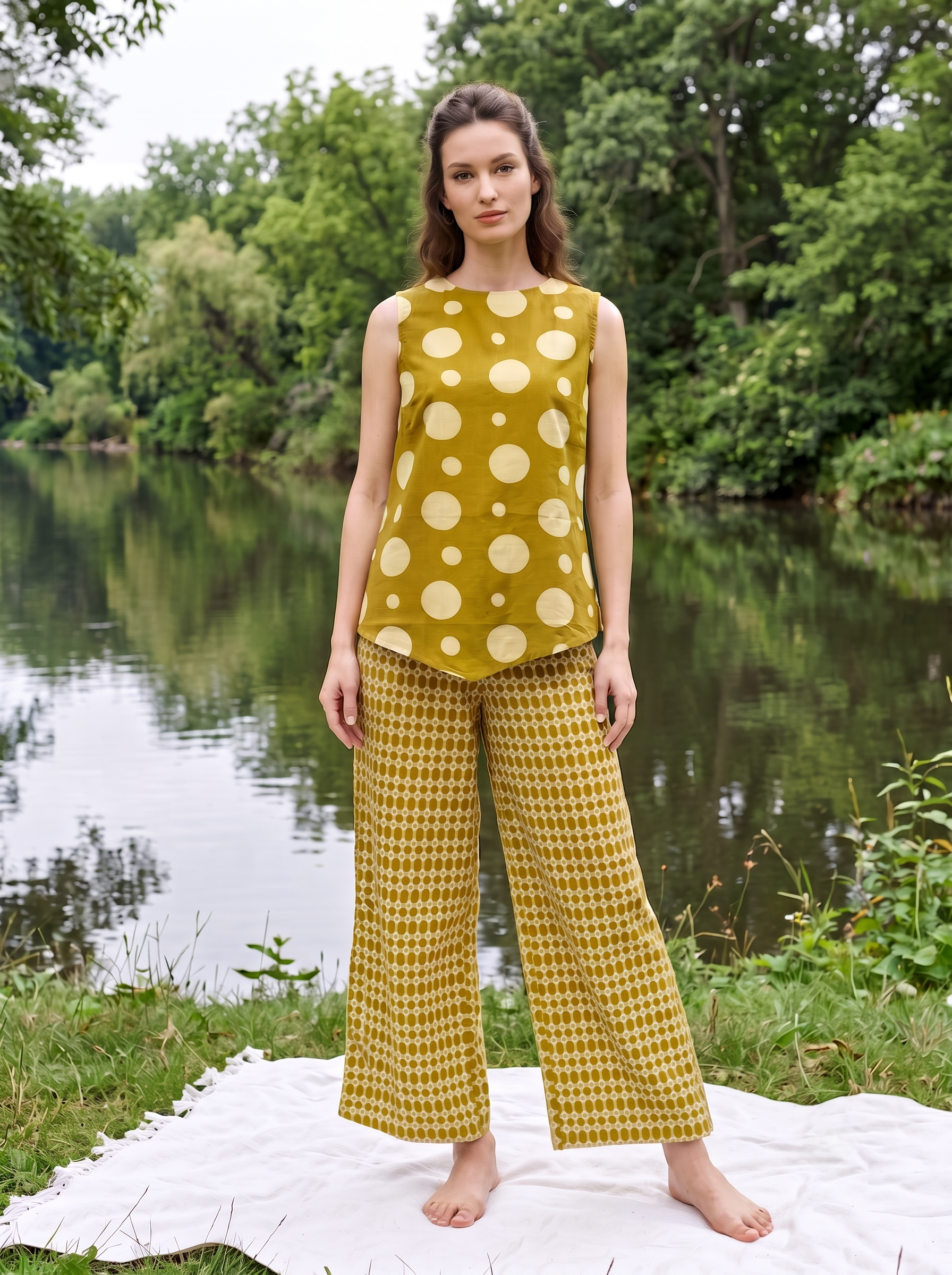 Mustard Polka Dots Round Neck Pure Cotton Night Suit For women