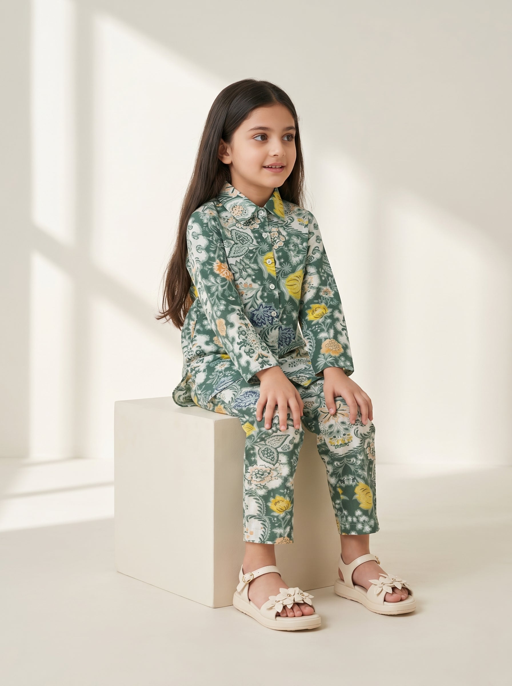 Green Floral Print V-Neck Pure Cotton Night Suit For Kids