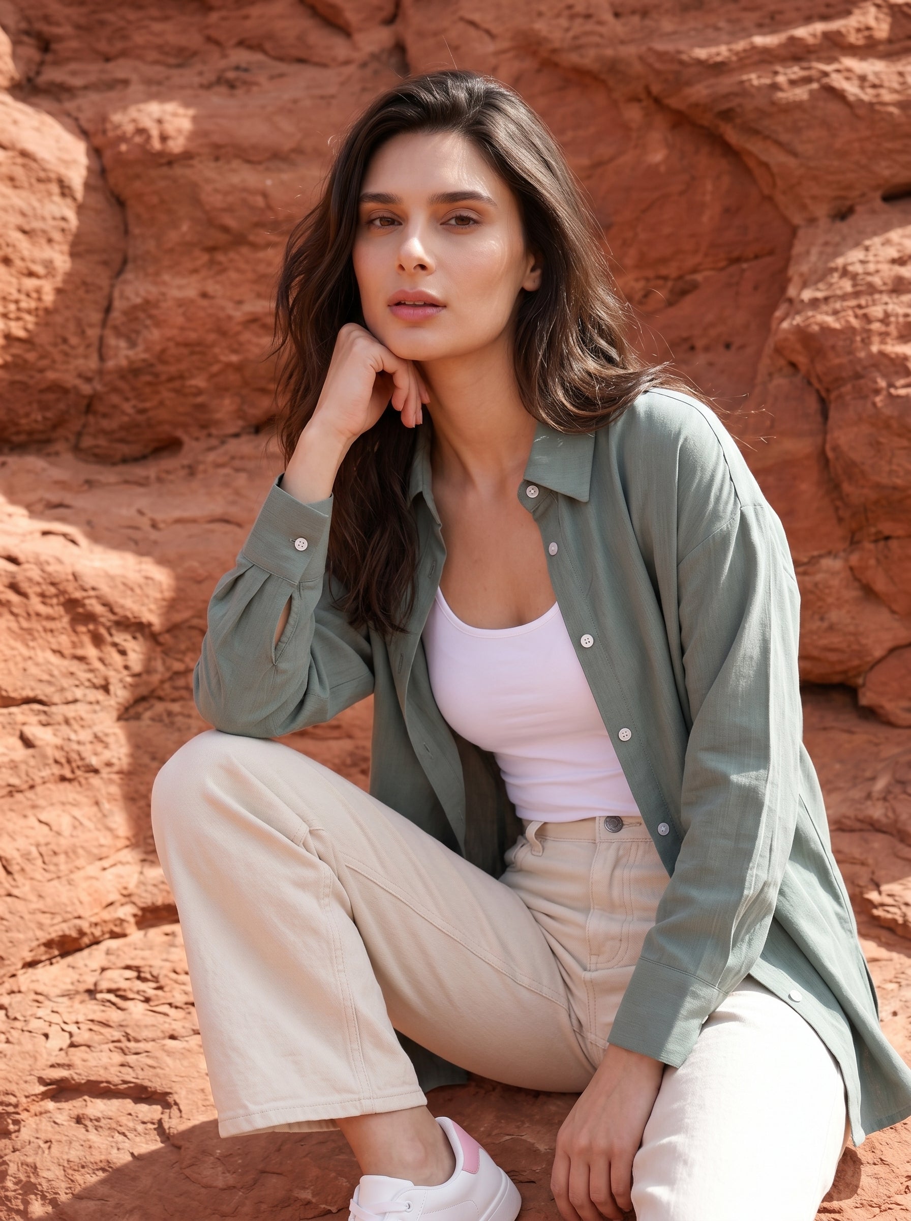Green Solid Spread Collar Cotton Shirt For Women
