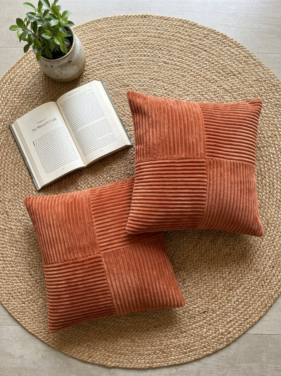 Rust Velvet Textured Striped Decorative Cushion Cover