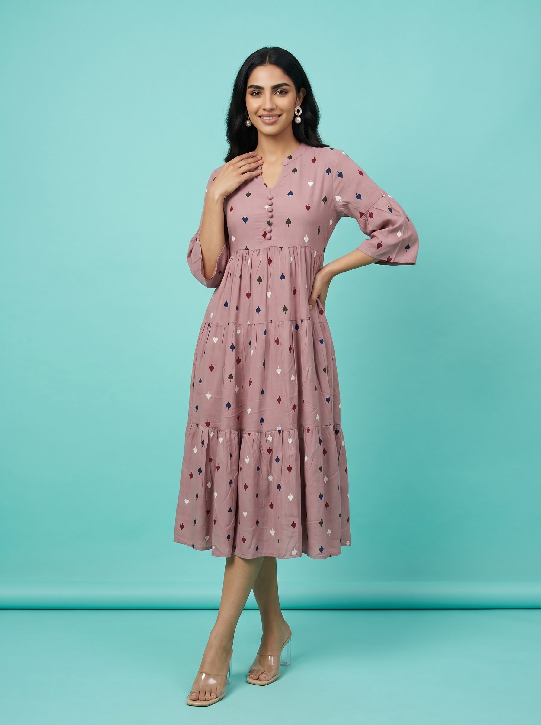 Mauve Round Neck Geometric Print Flared Dress For Women