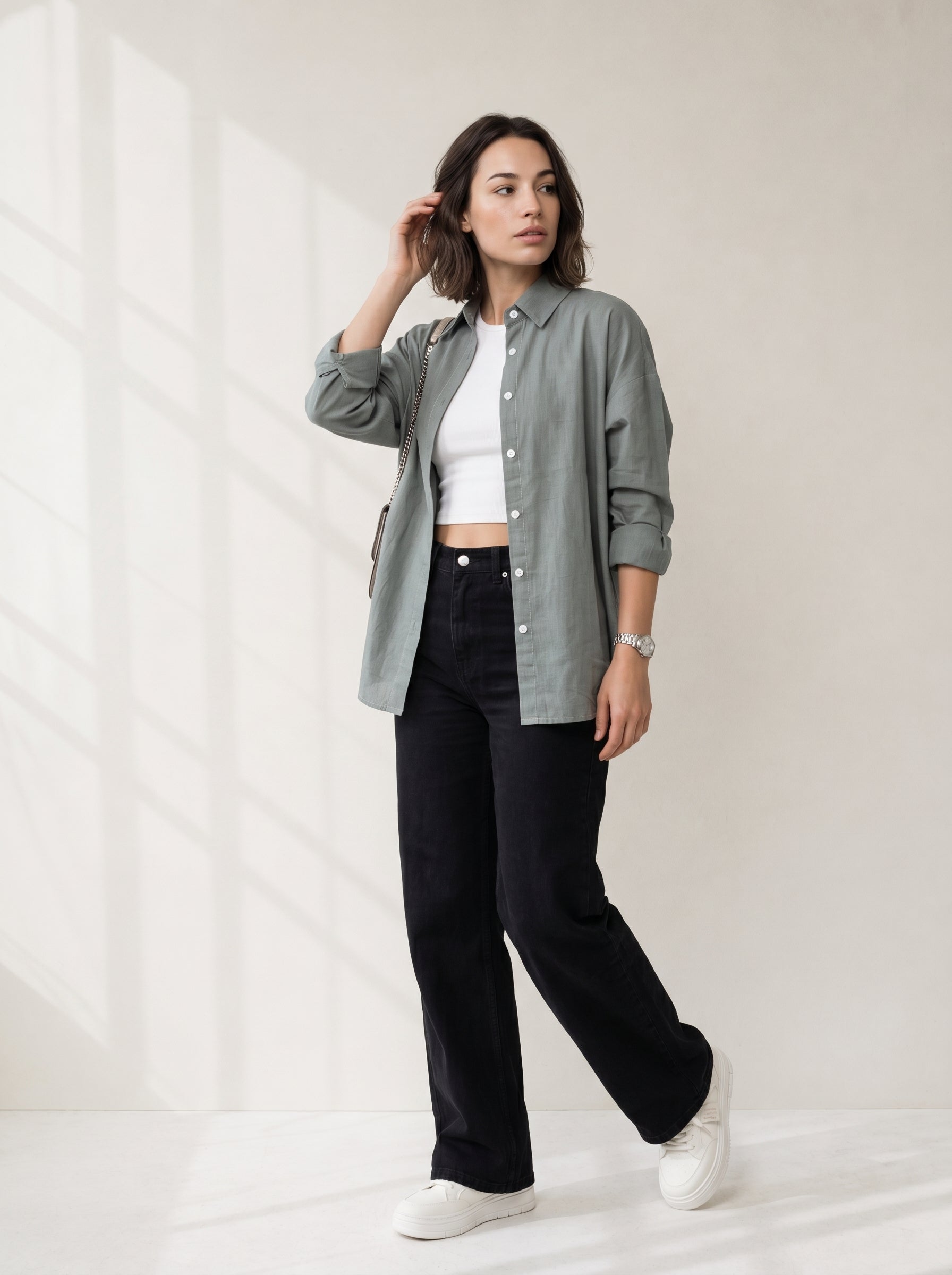 Green Solid Spread Collar Cotton Shirt For Women