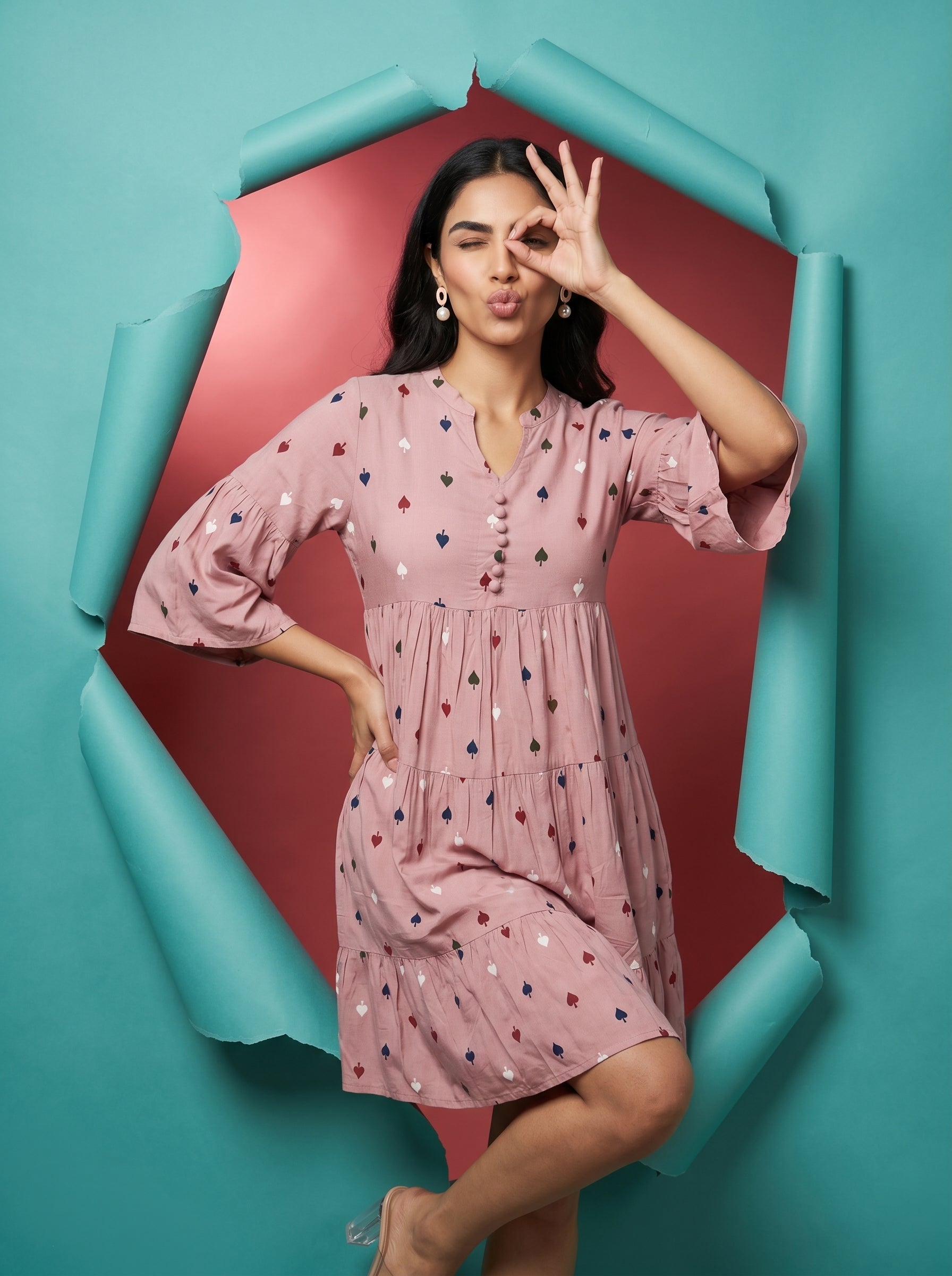 Mauve Round Neck Geometric Print Flared Dress For Women