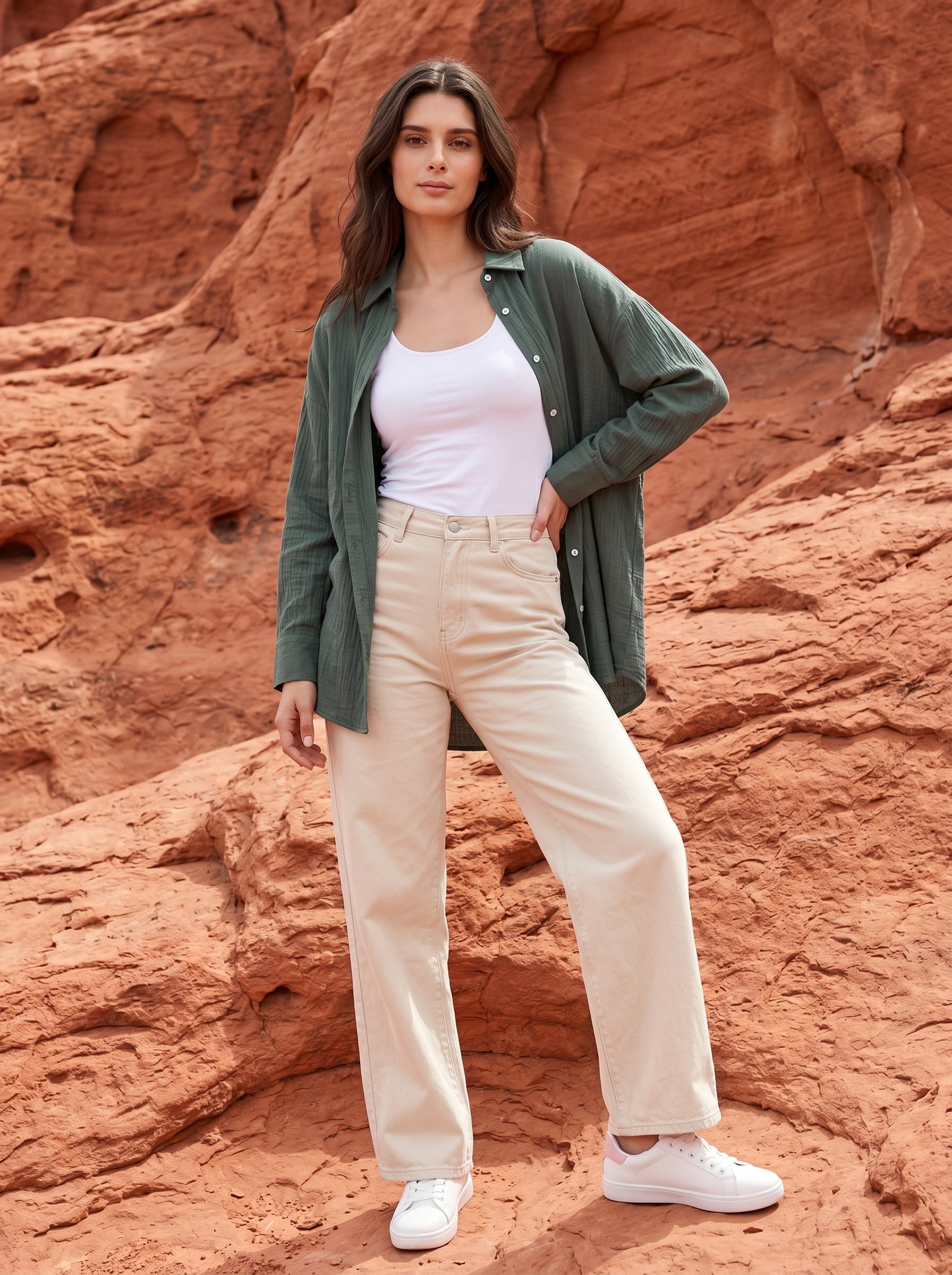 Green Solid Spread Collar Cotton Shirt For Women