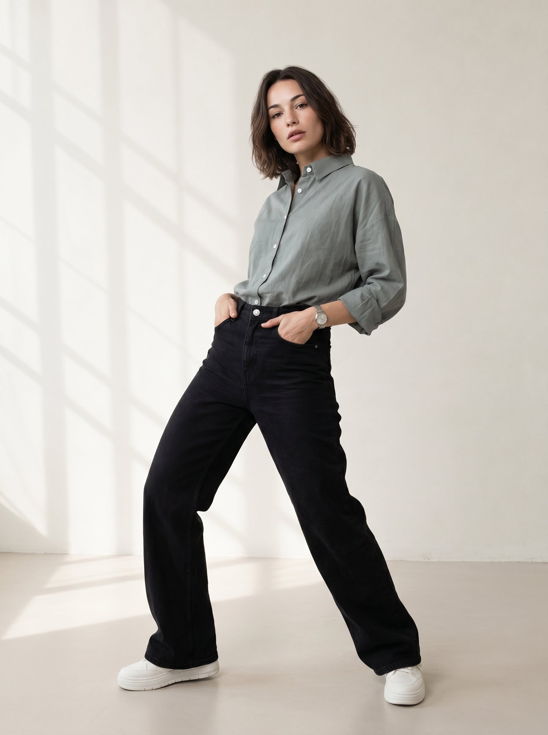 Green Solid Spread Collar Cotton Shirt For Women