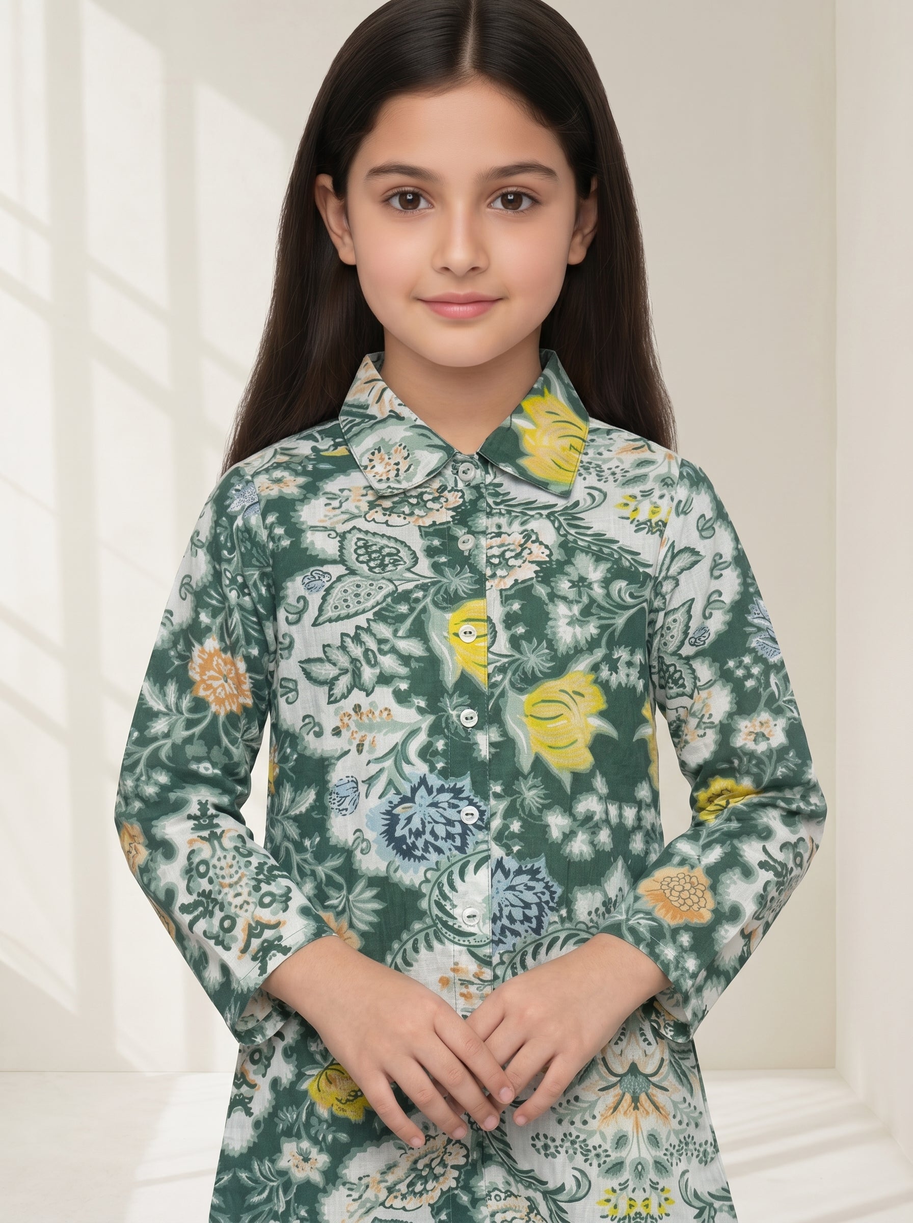 Green Floral Print V-Neck Pure Cotton Night Suit For Kids
