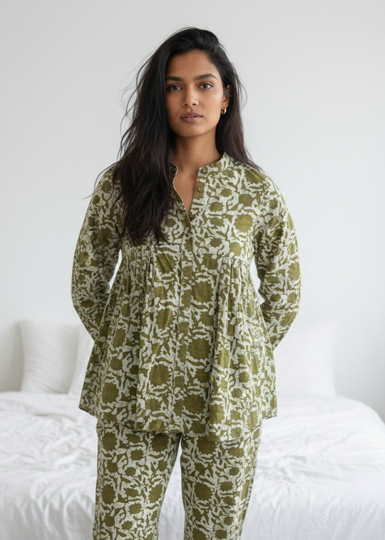 Olive Green Solid Printed Mandarin Collar Co-Ord Set for Women