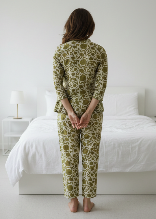 Olive Green Solid Printed Mandarin Collar Co-Ord Set for Women