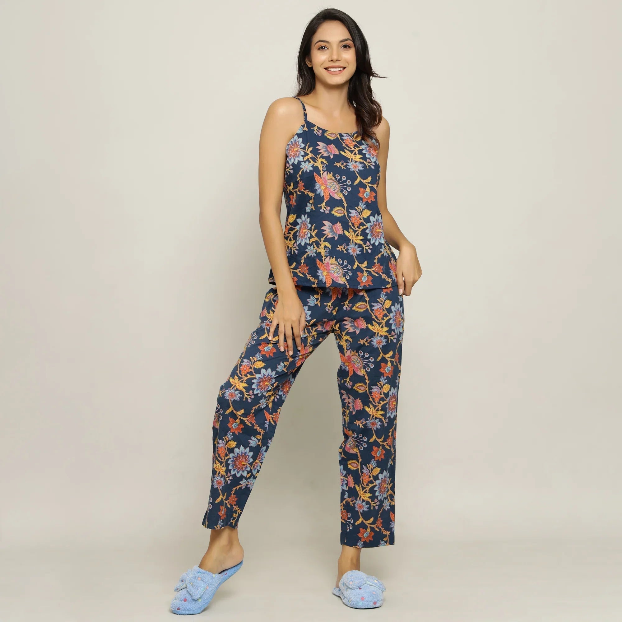 Blue Cotton Printed three Peace Night Suit Set with Pyjama - SanskrutiHomes 