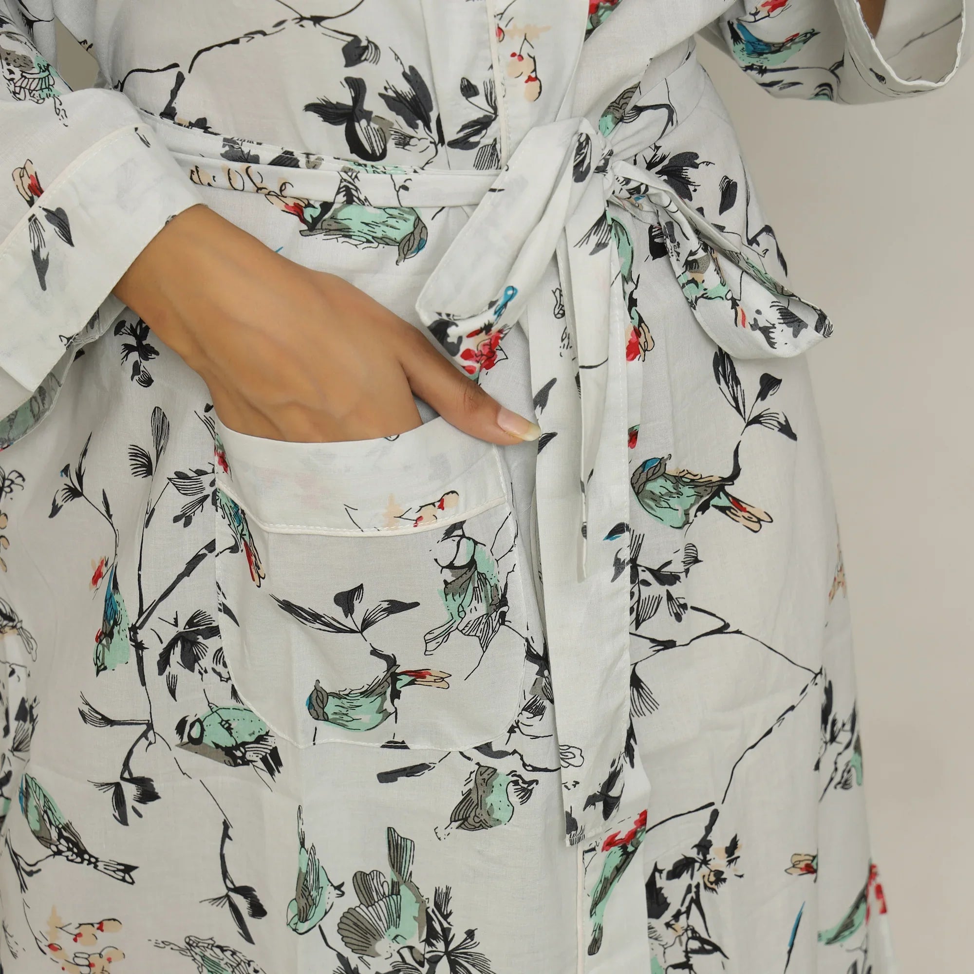 White Cotton Hand printed kimono robe - SanskrutiHomes 