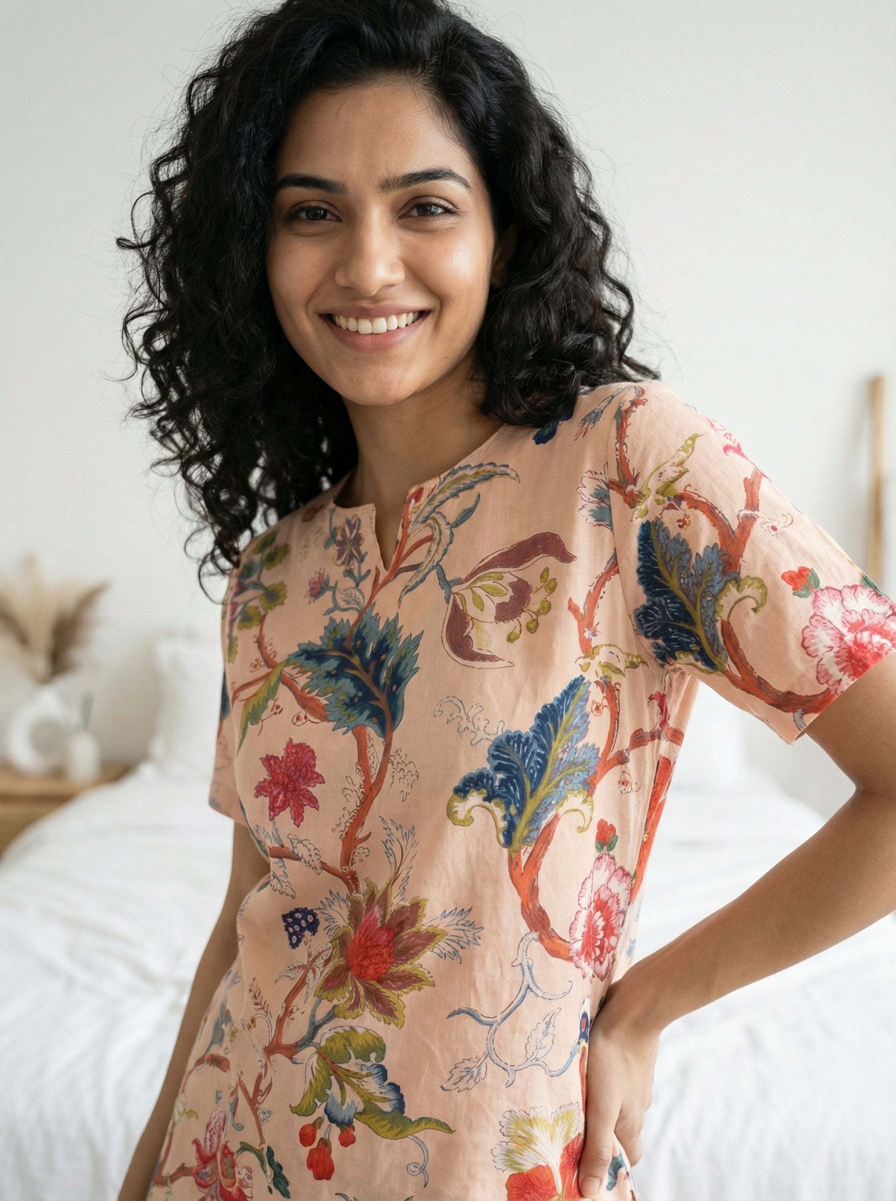 Beige Floral Print Round Neck Cotton Night Suit Set For Women