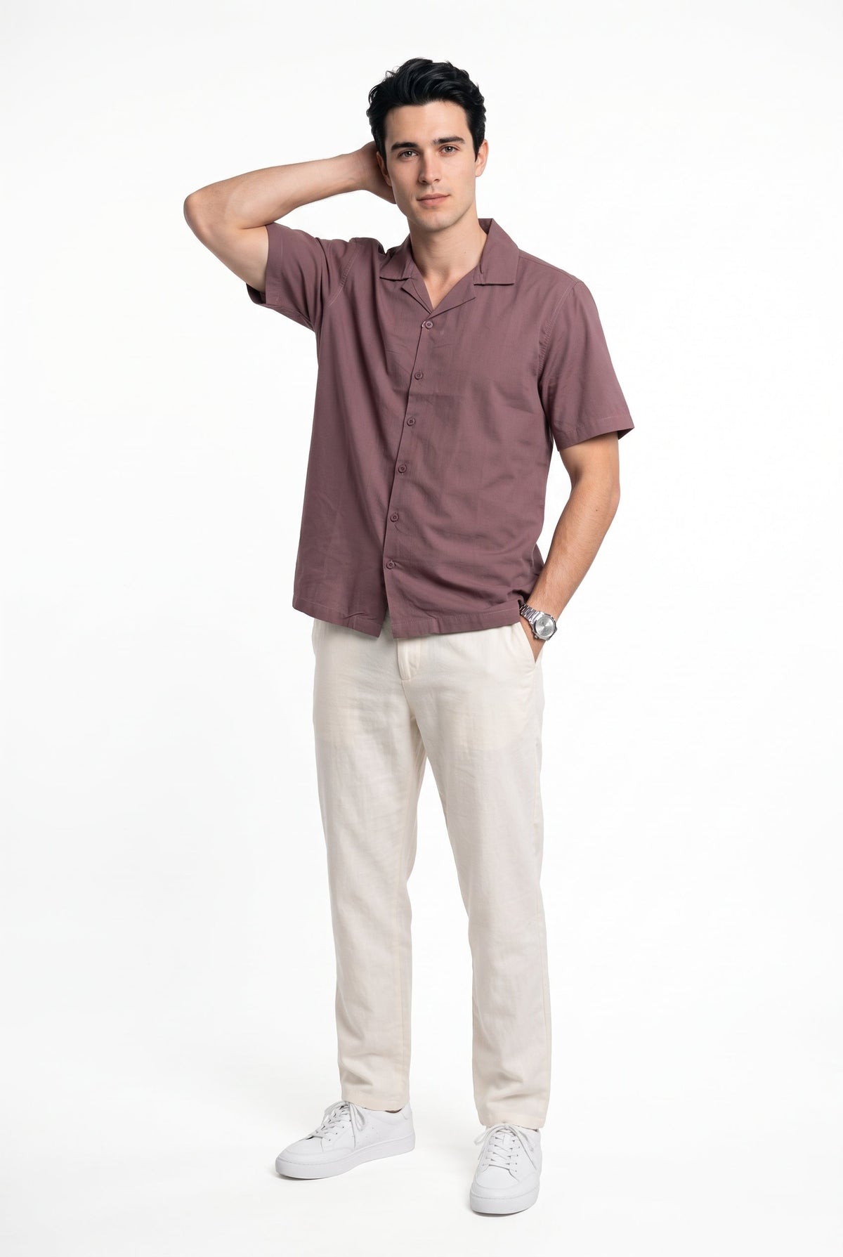 Mauve Solid Cuban Collar Casual Short Sleeve Cotton Shirt For Men