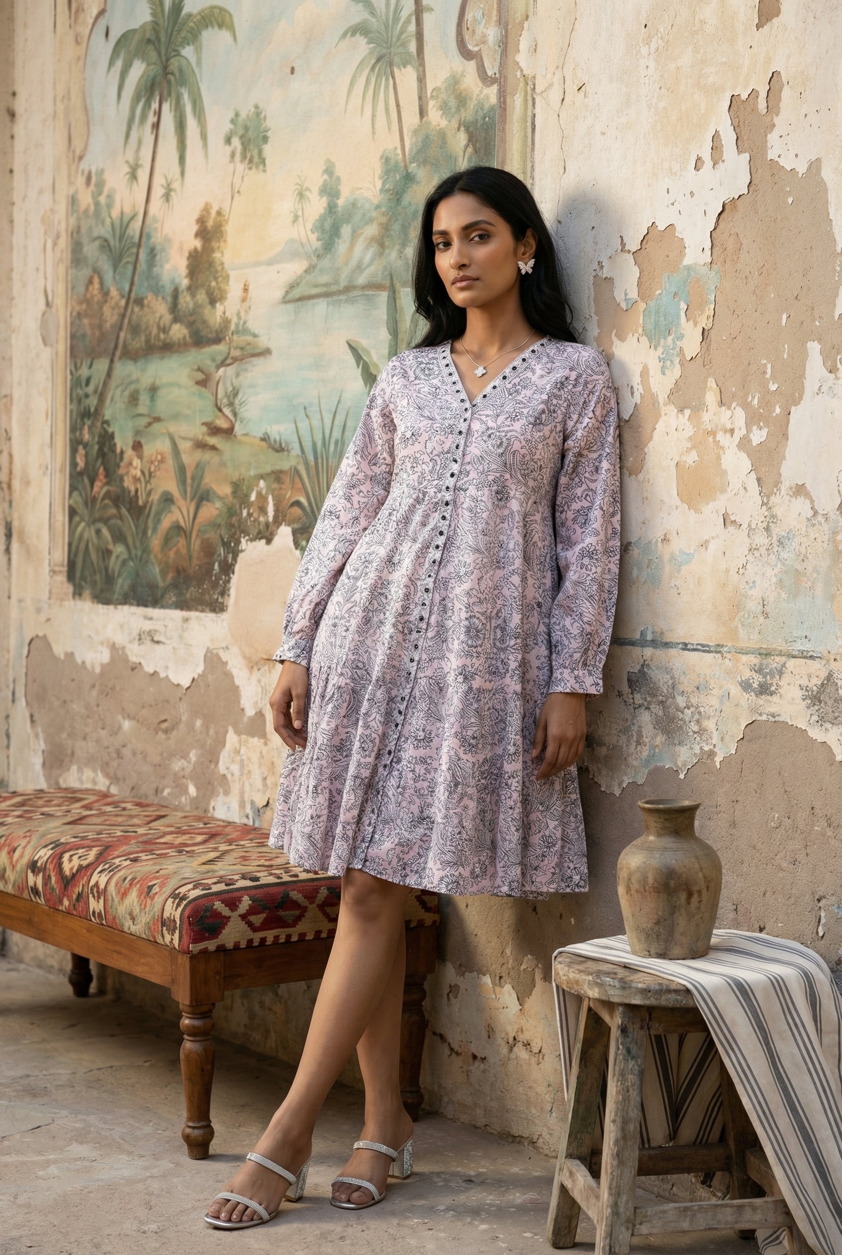 white christmas dresses Retro Stage Floral Puff Sleeves Lapel Midi Dress | 100% Cotton main image 1