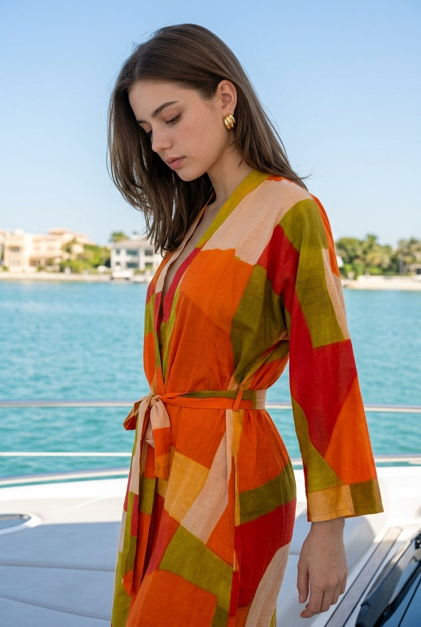 Multi-Color Abstract Print V-Neck Cotton Full-Sleeve Bathrobe