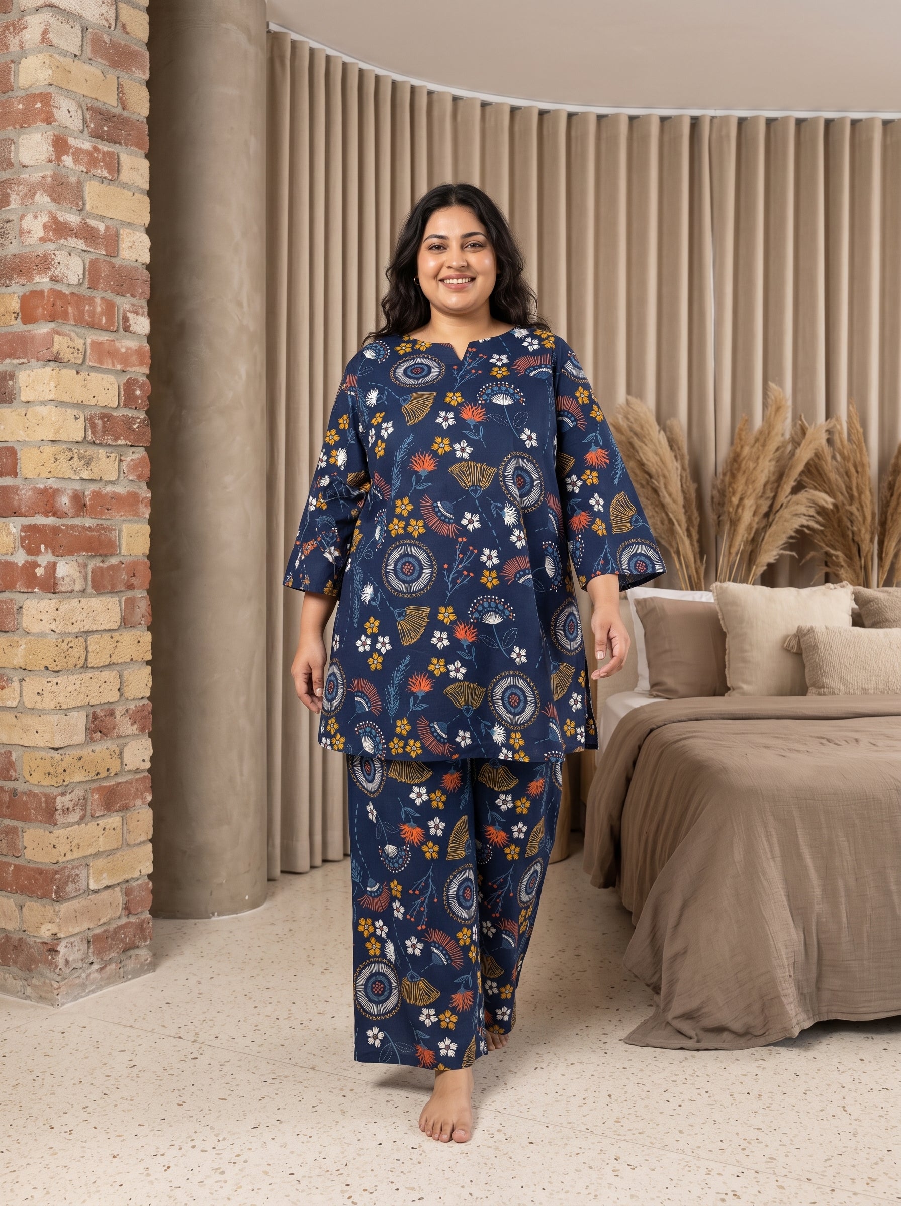 Navy Blue Floral Notch Neck Cotton Plus Size Night Suit For Women