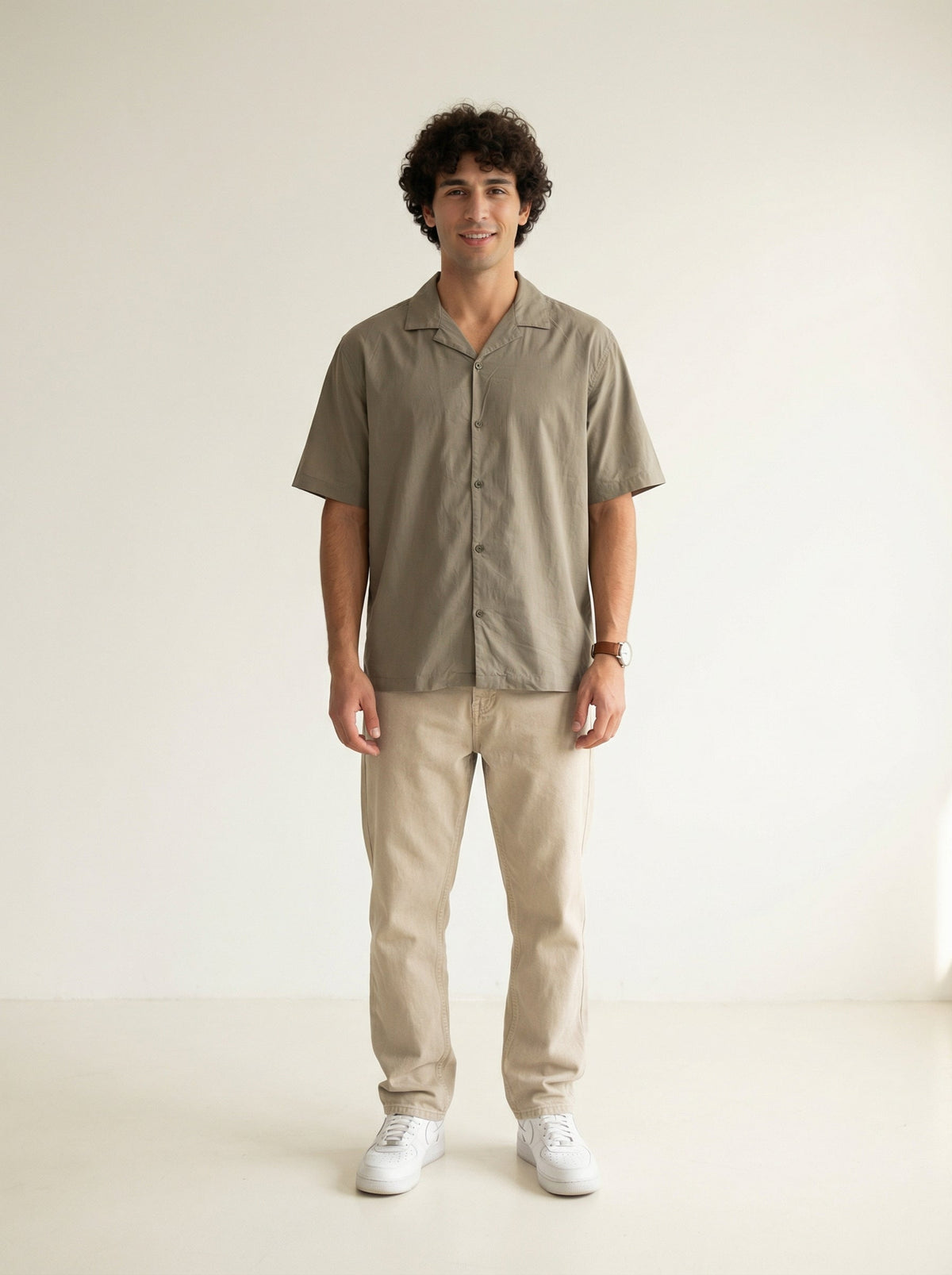 Olive Cuban Collar Solid Pure Cotton Oversized Shirt For Men