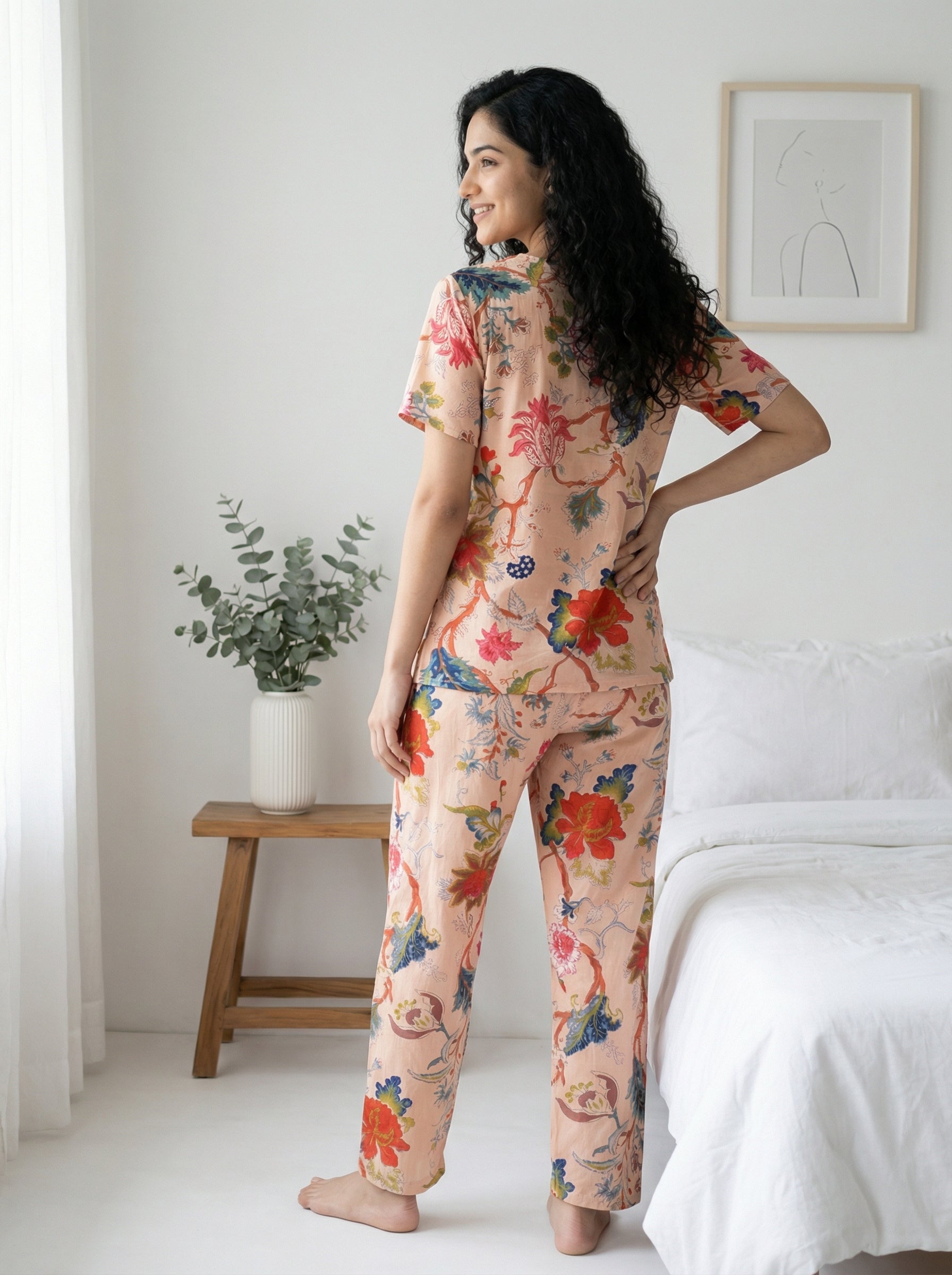 Beige Floral Print Round Neck Cotton Night Suit Set For Women