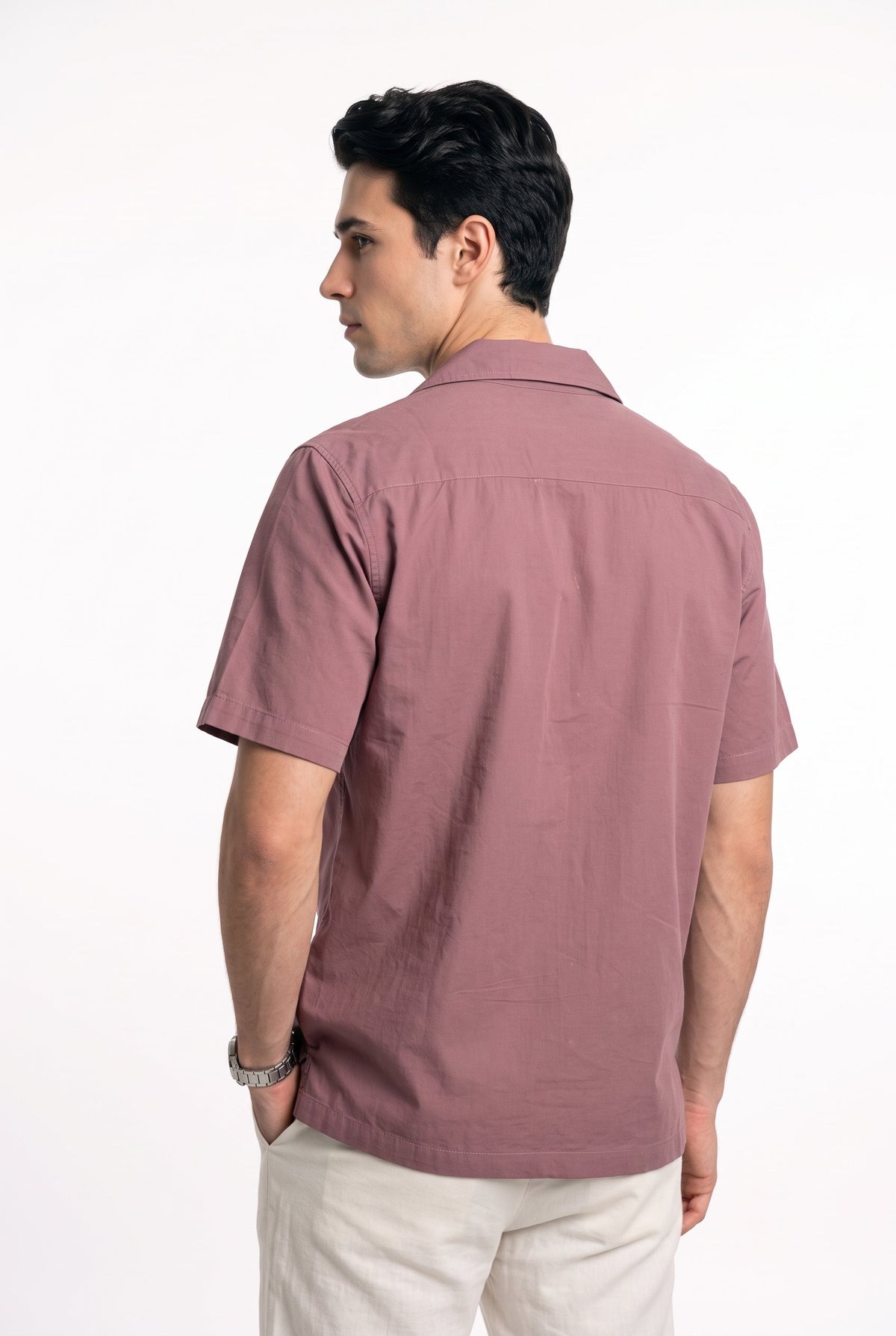Mauve Solid Cuban Collar Casual Short Sleeve Cotton Shirt For Men