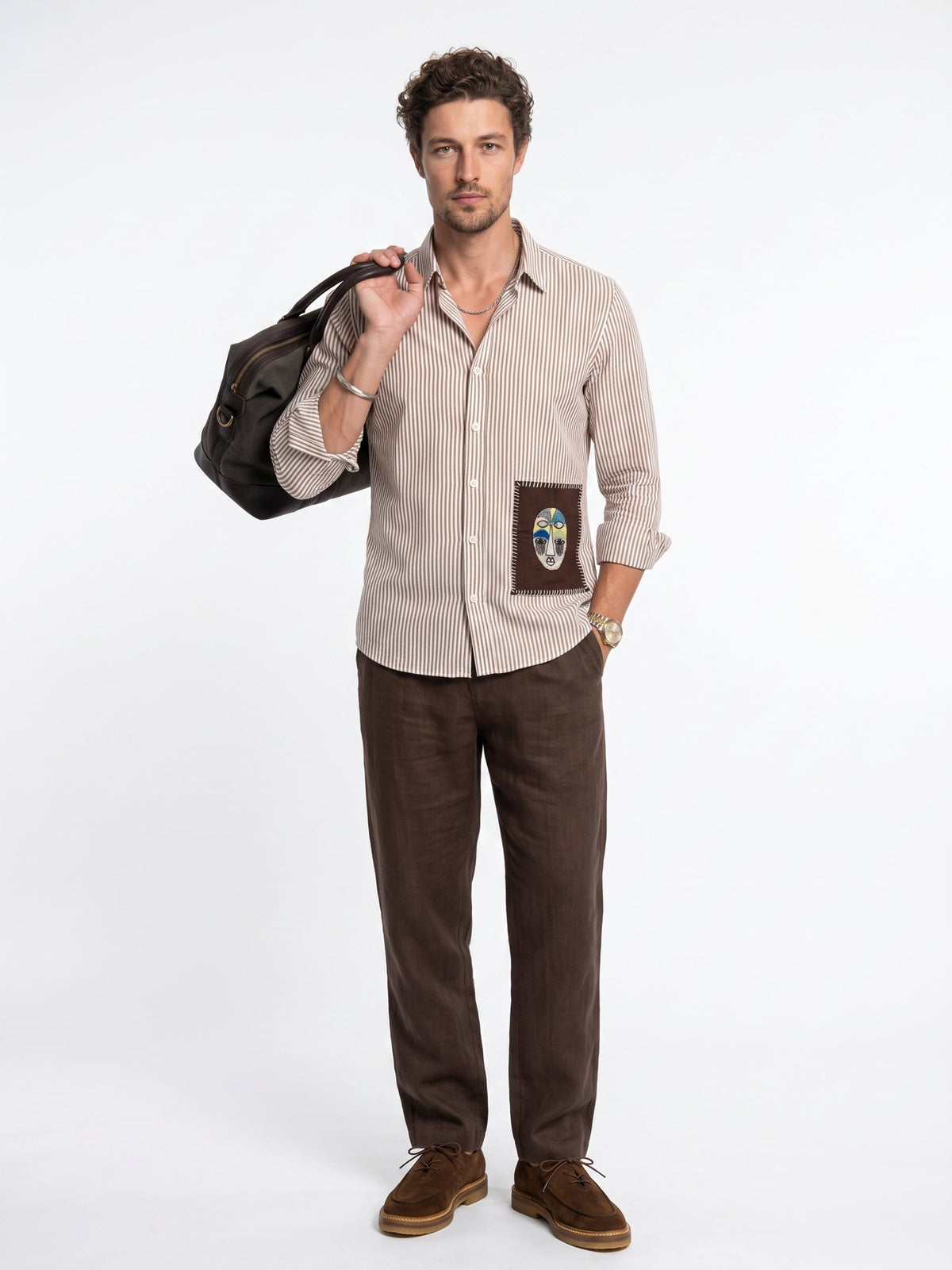 White Embroidred Striped Print Cotton Band Collar Shirt For Men