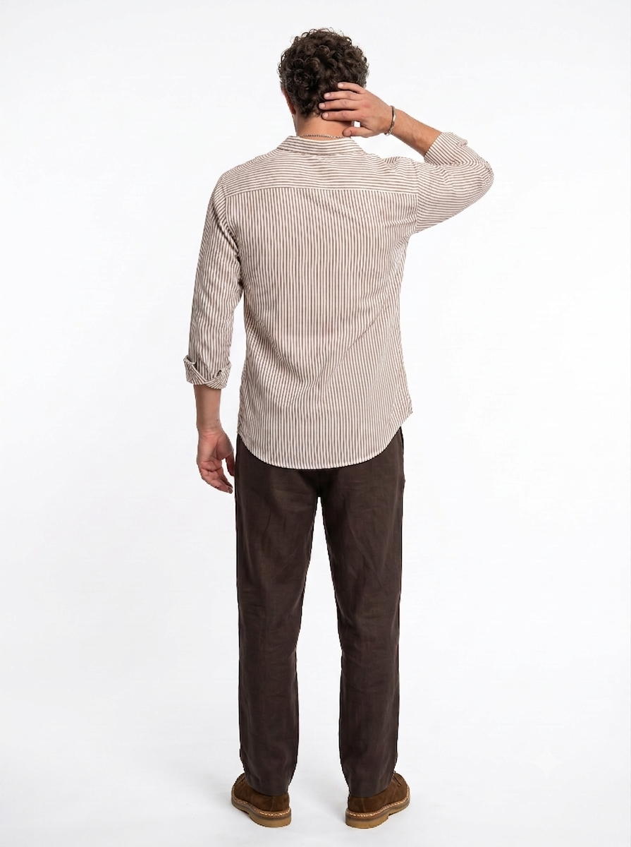 White Embroidred Striped Print Cotton Band Collar Shirt For Men