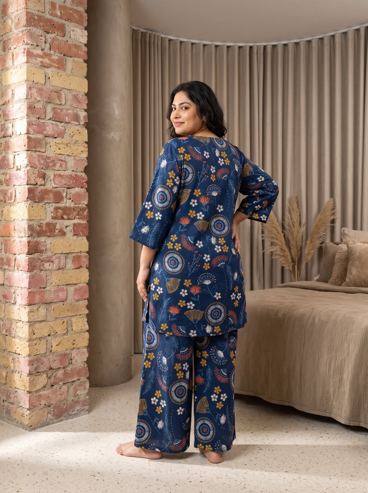 Navy Blue Floral Notch Neck Cotton Plus Size Night Suit For Women