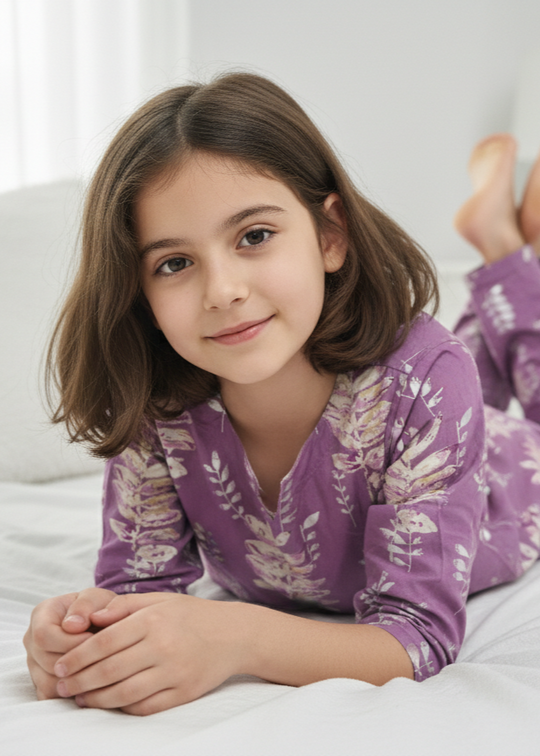 Purple Leaf Print Round Neck Cotton Night Suit Set for Kids