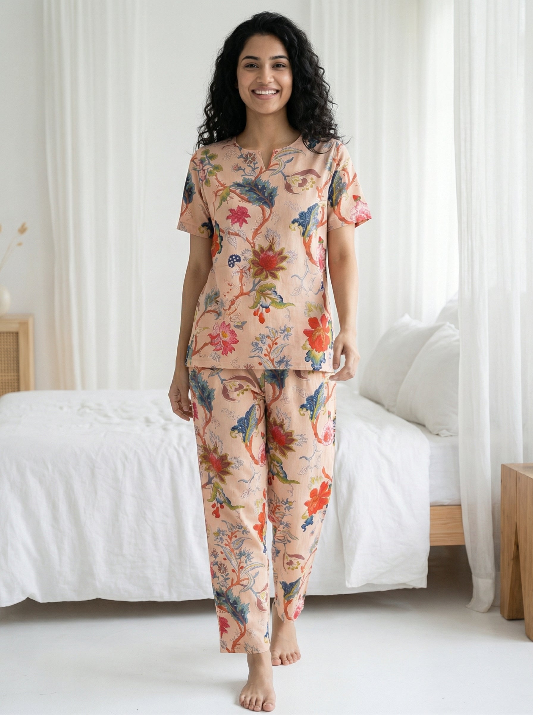 Beige Floral Print Round Neck Cotton Night Suit Set For Women