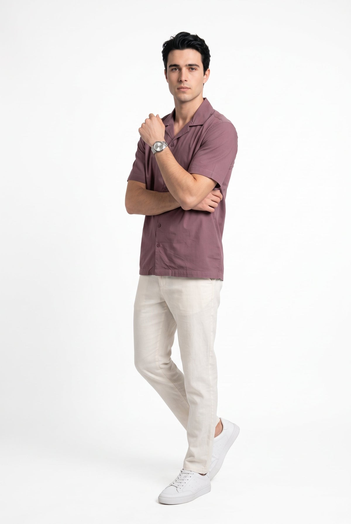 Mauve Solid Cuban Collar Casual Short Sleeve Cotton Shirt For Men