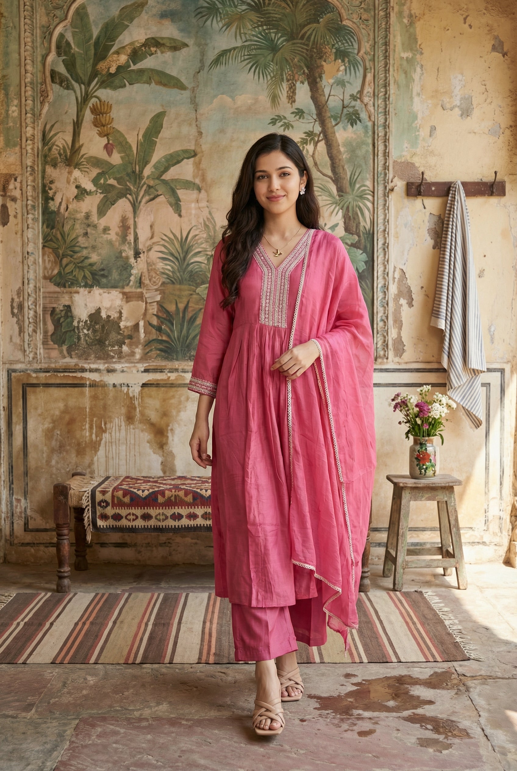 Pink V-Neck Solid Art Silk Kurta Set With Dupatta For Women