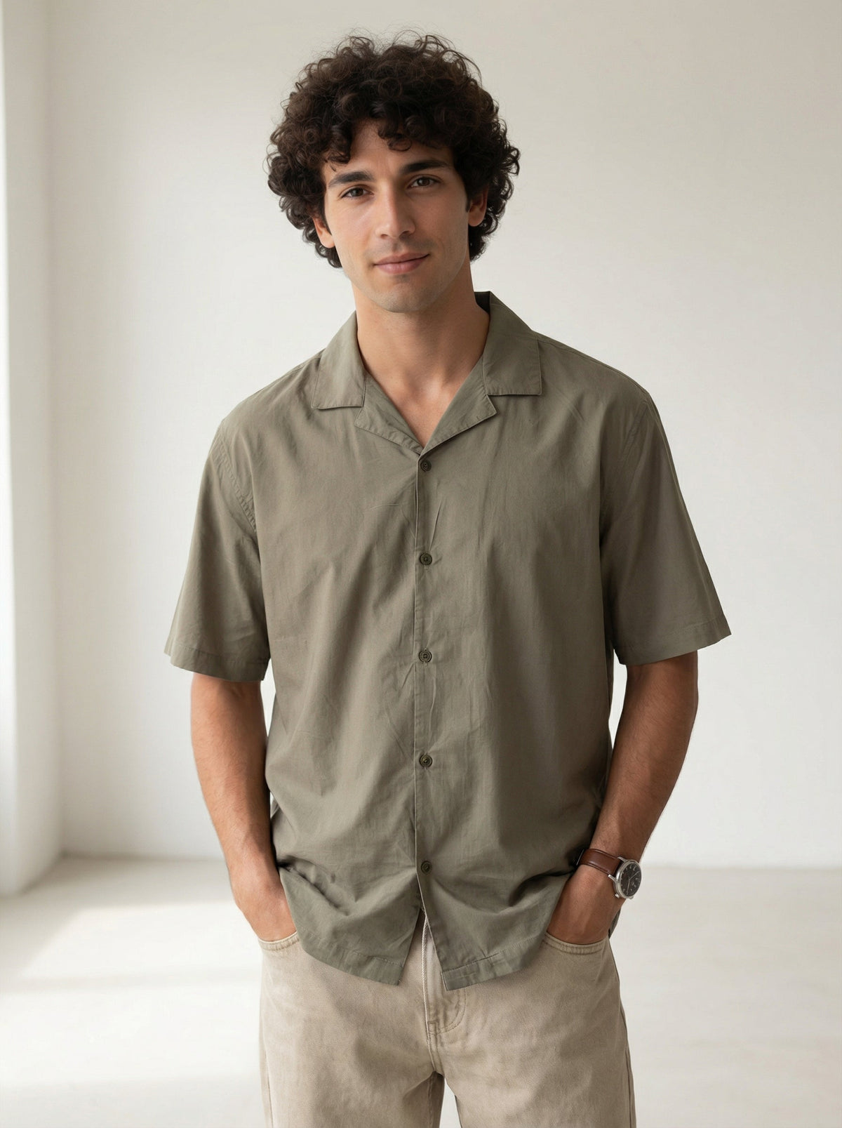 Olive Cuban Collar Solid Pure Cotton Oversized Shirt For Men