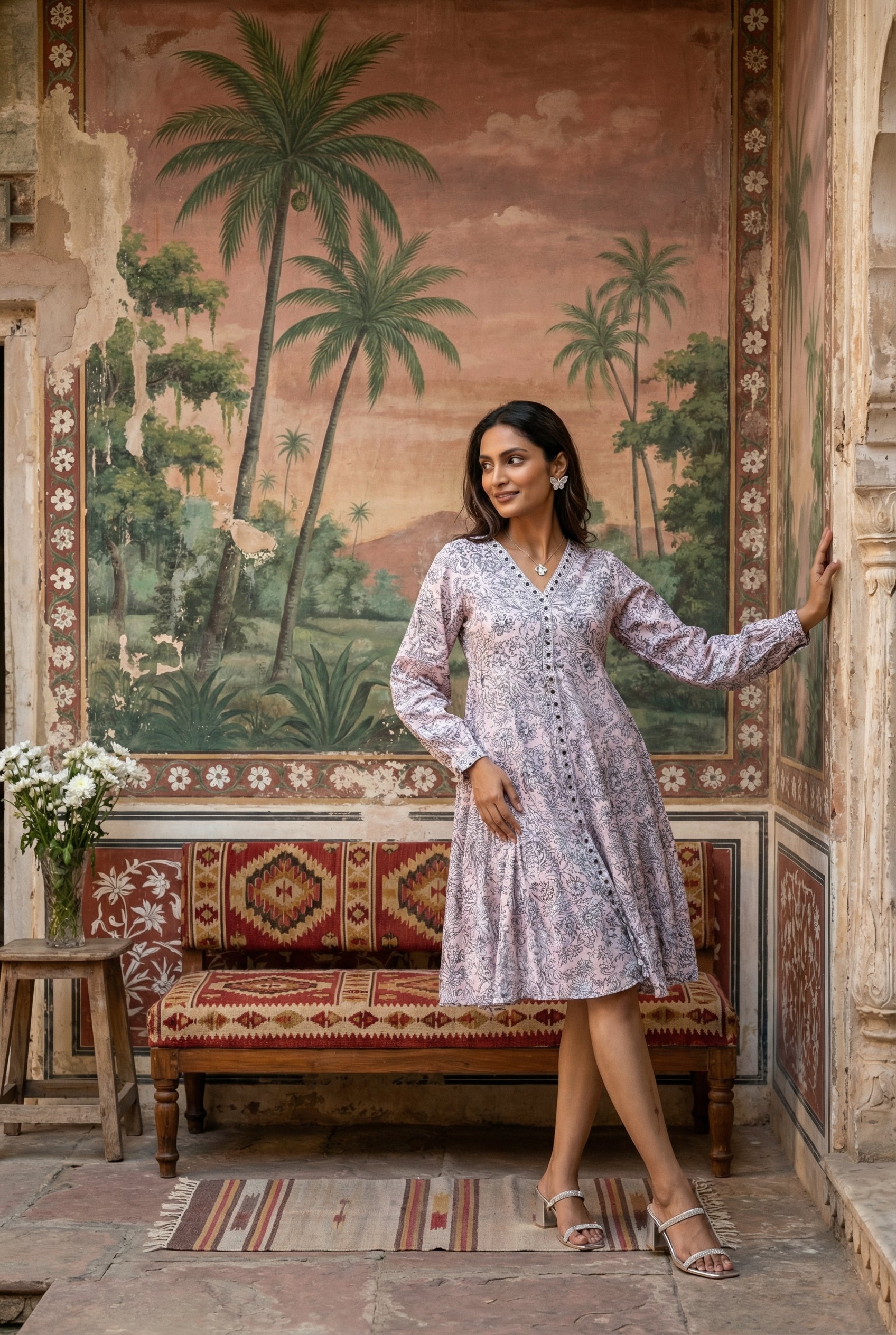 ethnic cotton dress for women Pink / S Pink Motif Print V-Neck Pure Cuff Style:Classic Cuffs Broadway Merchandise Colorful Ethnic Print Maxi Billabong so dainty mini Traditional dress