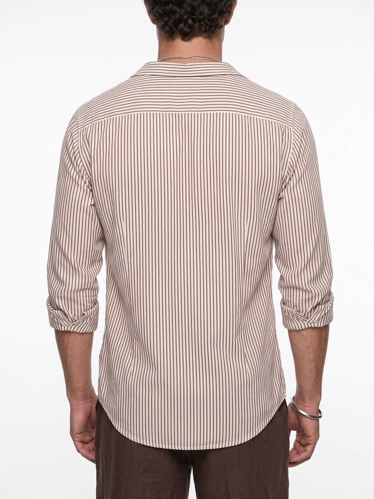 White Embroidred Striped Print Cotton Band Collar Shirt For Men