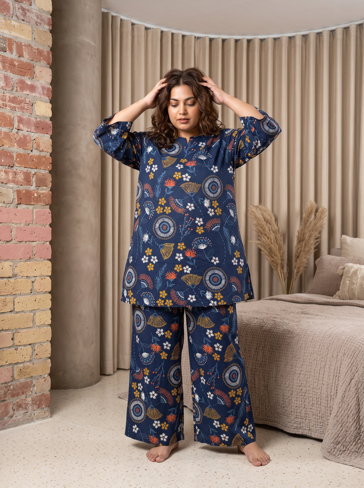 Navy Blue Floral Notch Neck Cotton Plus Size Night Suit For Women