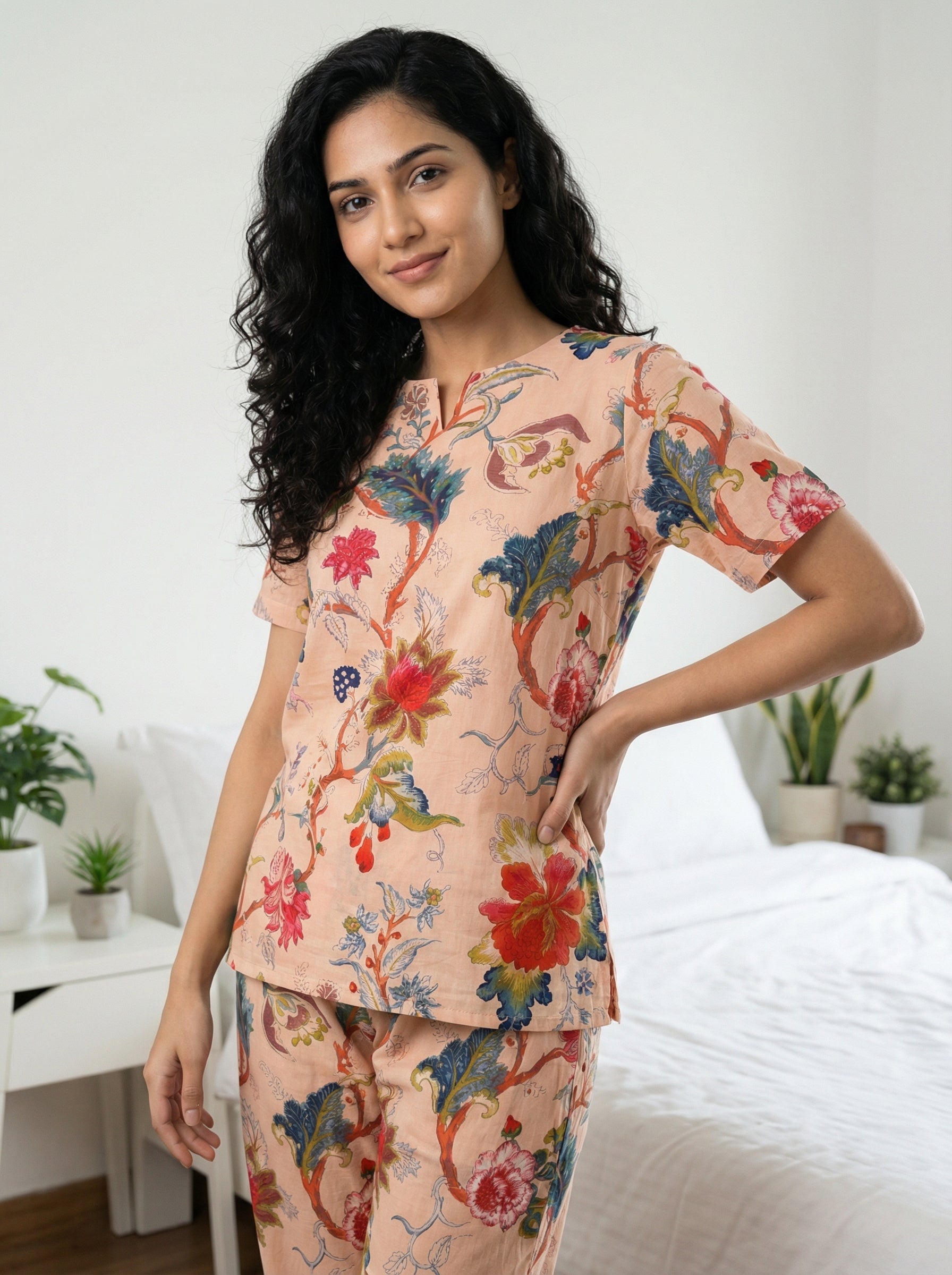 Beige Floral Print Round Neck Cotton Night Suit Set For Women