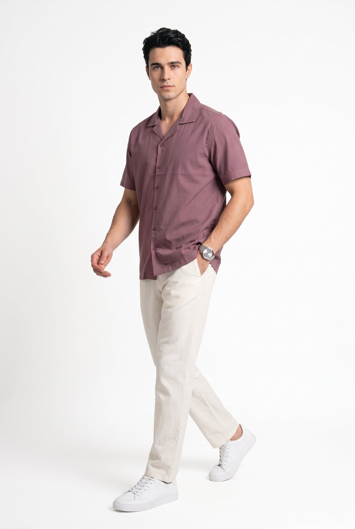 Mauve Solid Cuban Collar Casual Short Sleeve Cotton Shirt For Men