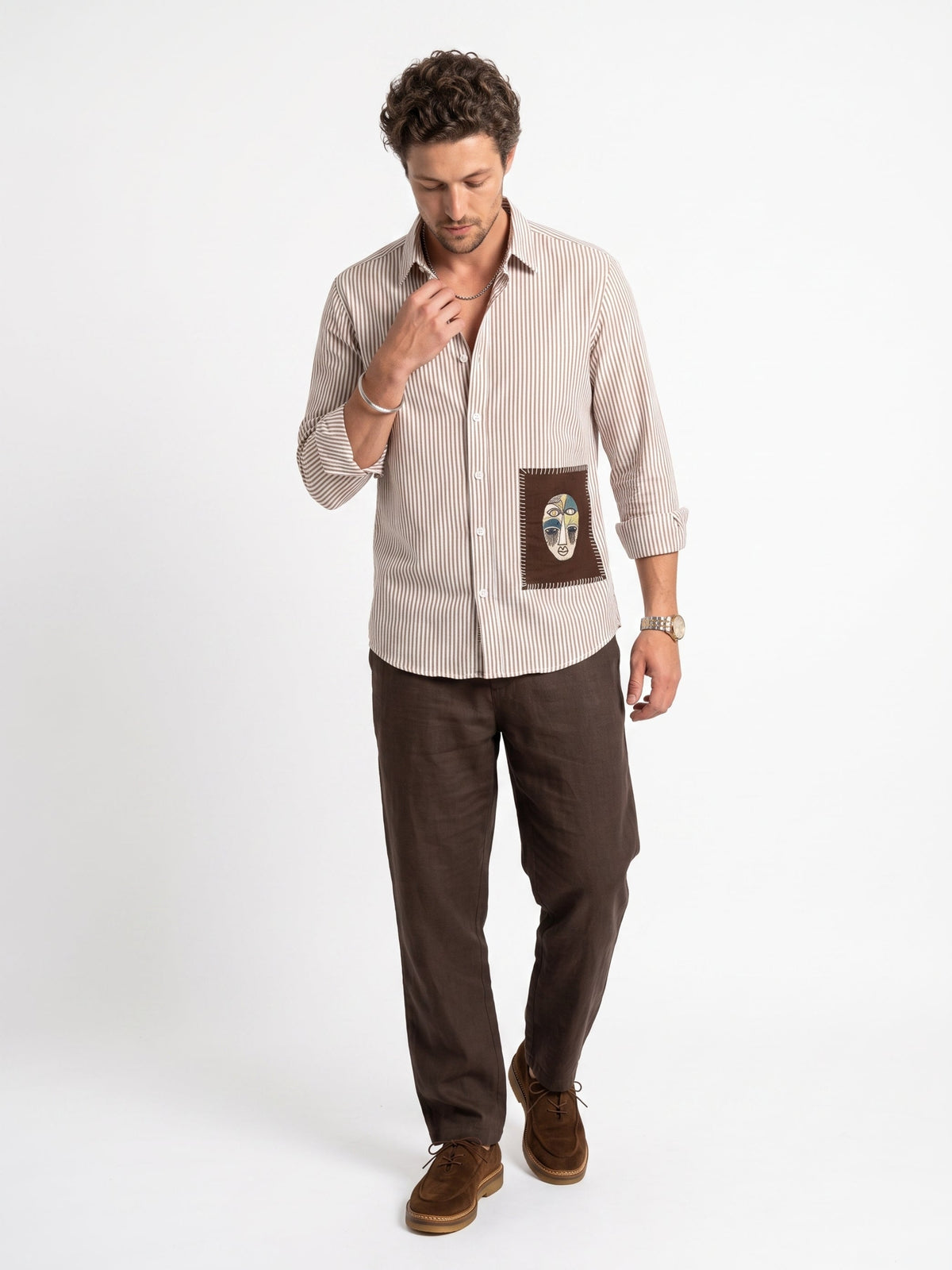 White Embroidred Striped Print Cotton Band Collar Shirt For Men