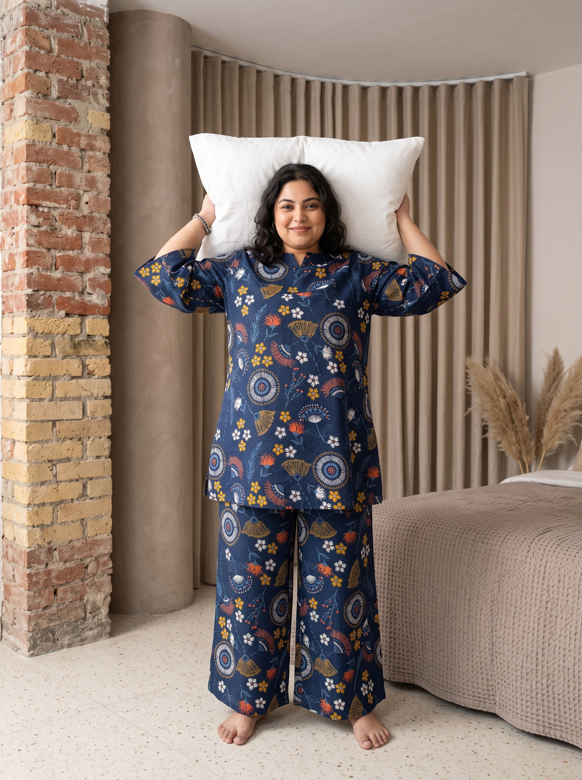 Navy Blue Floral Notch Neck Cotton Plus Size Night Suit For Women